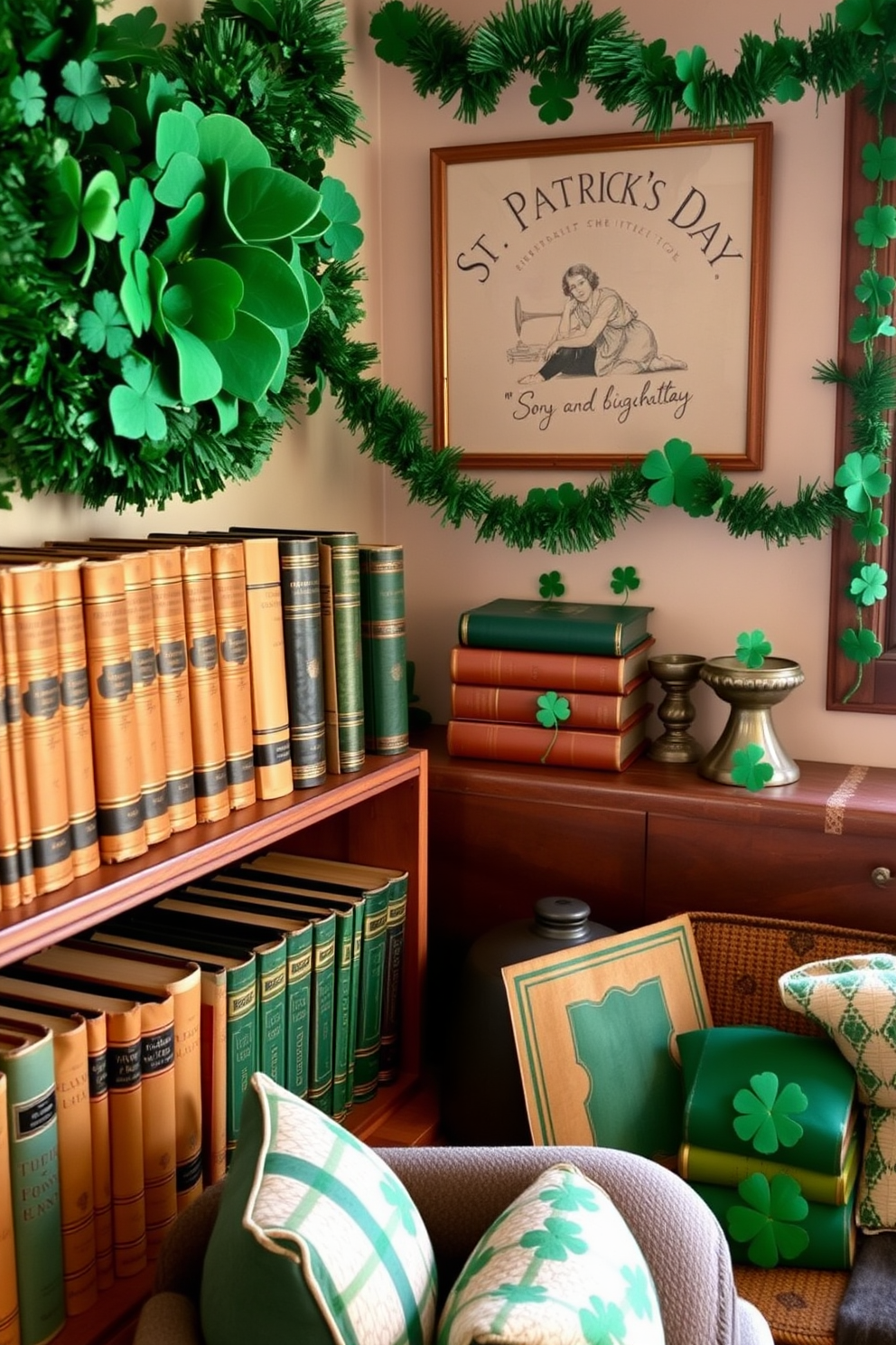 A cozy small living room filled with vintage books that have green covers arranged on a rustic wooden shelf. The space is adorned with St. Patrick's Day decorations, including green garlands and shamrock accents, creating a festive yet inviting atmosphere.