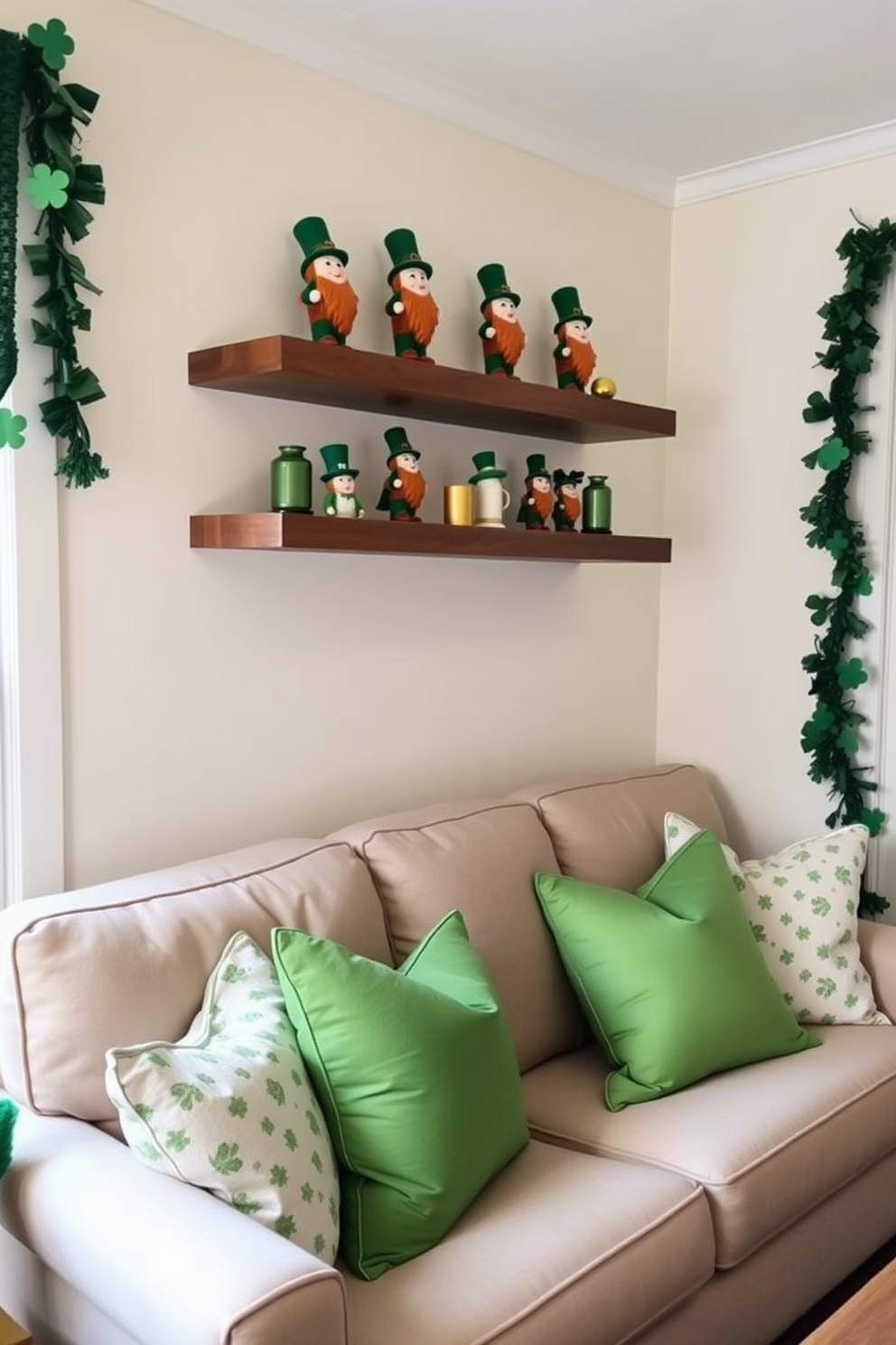 A cozy small living room decorated for St. Patrick's Day features charming leprechaun figurines displayed on floating shelves. The space is adorned with green accents, including throw pillows and a festive garland, creating a warm and inviting atmosphere.