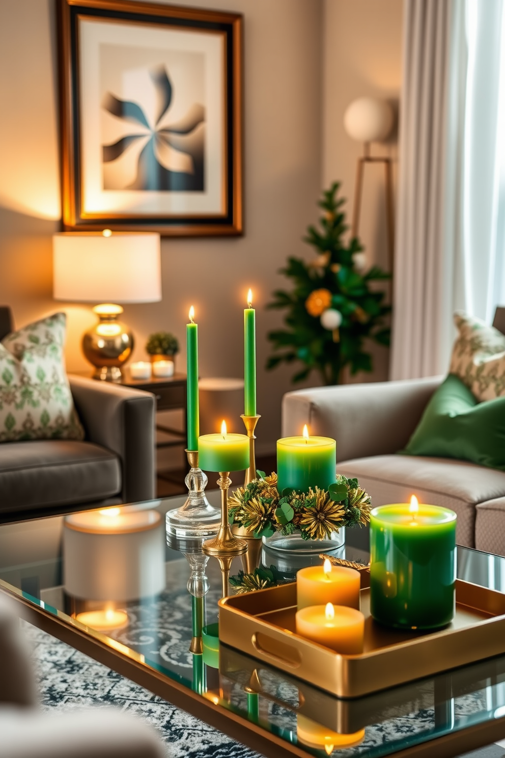 Create a cozy small living room adorned with green and gold candle arrangements. The candles are placed on a stylish coffee table surrounded by plush seating, creating an inviting atmosphere for St. Patrick's Day celebrations.