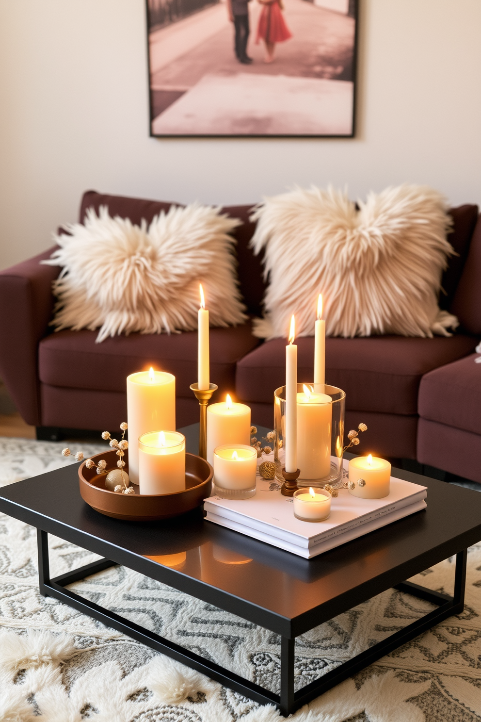 Cozy candle arrangements are placed on a stylish coffee table in a small living room. The soft glow of the candles creates a warm atmosphere, complemented by plush cushions and a romantic color palette for Valentine's Day decorating ideas.