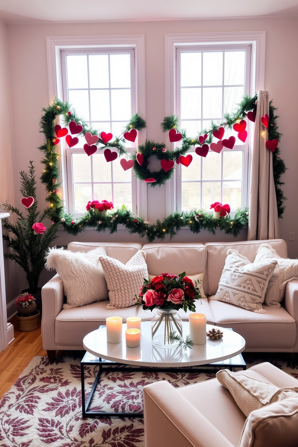 A cozy small living room adorned with heart garlands elegantly hanging across the windows. The space features a plush sofa with soft throw pillows and a coffee table decorated with candles and seasonal flowers.