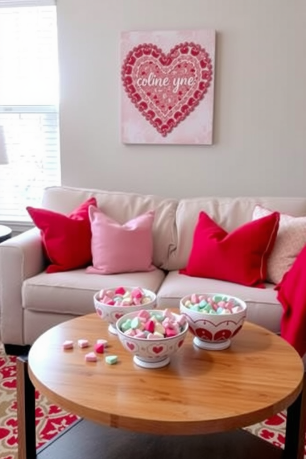 A cozy small living room decorated for Valentine's Day features decorative bowls filled with colorful conversation hearts placed on a coffee table. Soft pink and red throw pillows adorn a neutral-colored sofa, complemented by a heart-themed wall art piece above it.