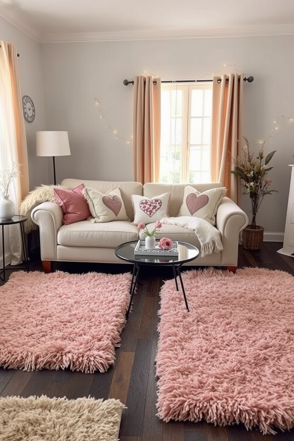 A cozy living room featuring layered rugs that add depth and texture to the space. The rugs are in varying shades of cream and soft pink, perfectly complementing the warm tones of the room. For Valentine's Day, the living room is adorned with subtle decorations that enhance the romantic atmosphere. Soft throw pillows in heart patterns and delicate fairy lights create a charming and inviting setting.