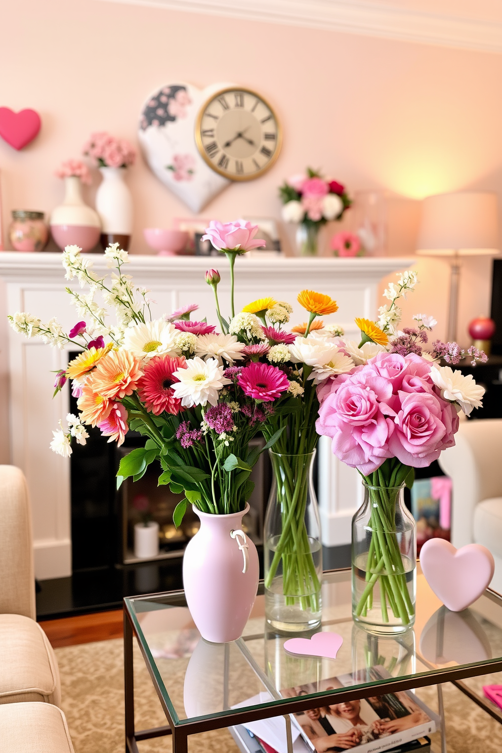 Chic vases filled with seasonal flowers create a vibrant and inviting atmosphere in a small living room. The decor is enhanced with soft pastel colors and heart-themed accents to celebrate Valentine's Day.