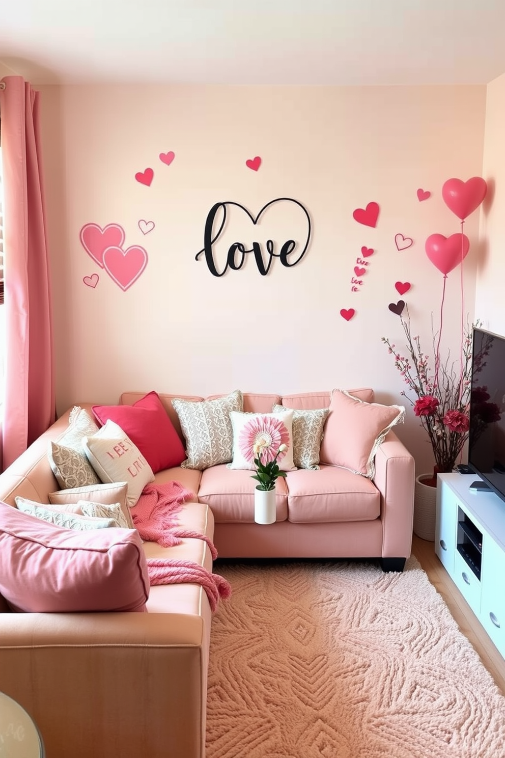 A cozy small living room decorated for Valentine's Day features wall decals with love-themed designs that add a romantic touch to the space. The soft color palette includes blush pinks and warm whites, creating an inviting atmosphere perfect for celebrating love.