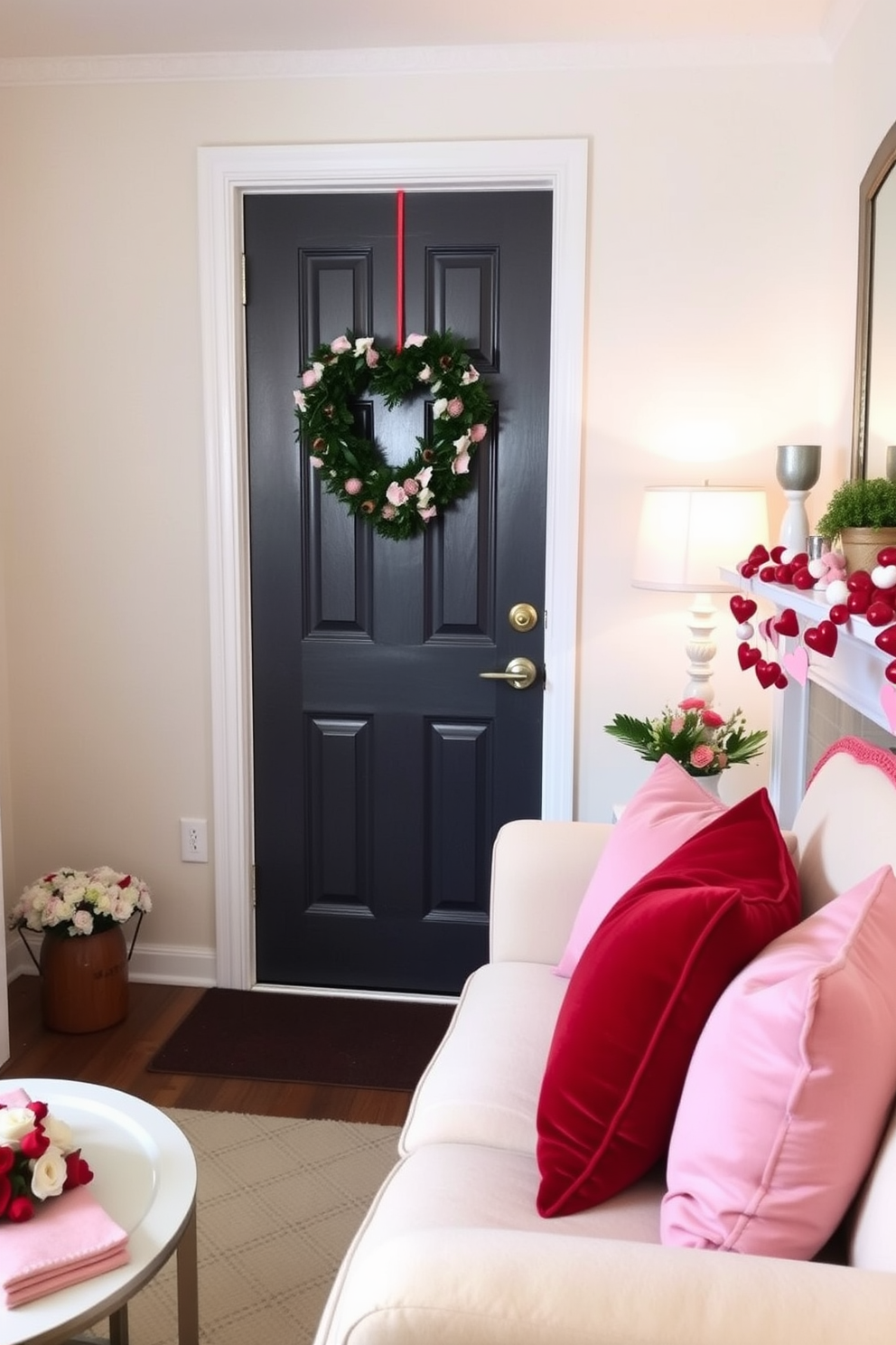 A charming small living room decorated for Valentine's Day features a heart-shaped wreath hanging on the front door. Inside, soft pink and red throw pillows adorn a cozy sofa, complemented by a delicate garland of hearts draped across the mantel.