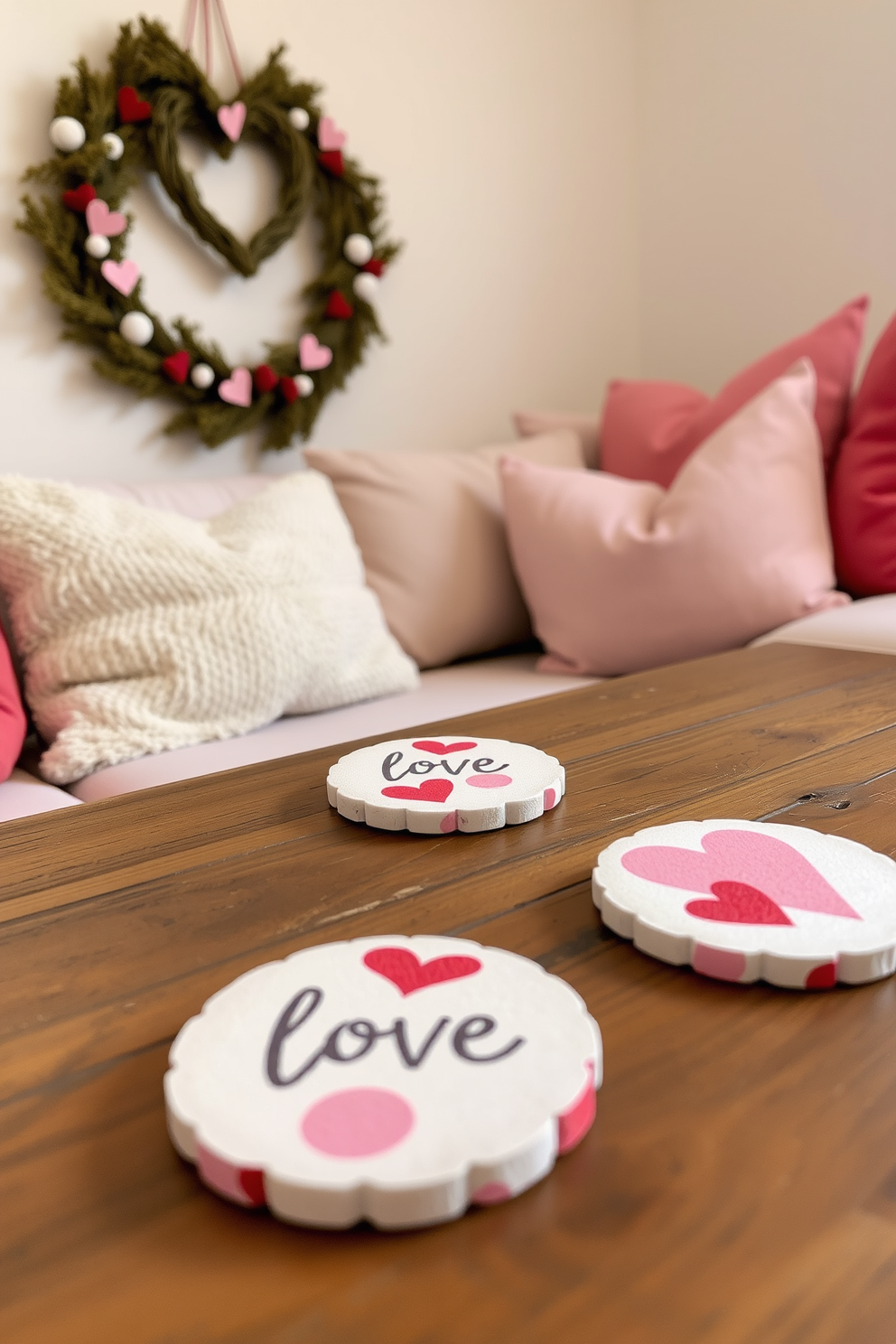 A cozy small living room adorned for Valentine's Day features framed photos of cherished memories displayed on a gallery wall. Soft pink and red accents are integrated through throw pillows and a heart-shaped rug, creating a warm and inviting atmosphere.