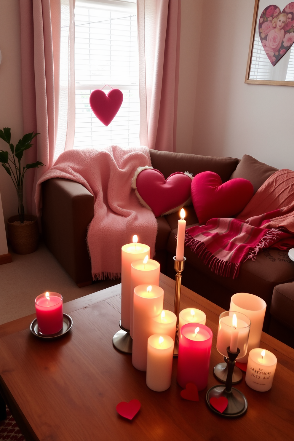 A cozy small living room adorned for Valentine's Day. Fragrant candles are placed on a wooden coffee table, casting a soft glow throughout the space. Decorative heart-shaped pillows are arranged on a plush sofa, inviting relaxation and warmth. Soft pink and red accents are incorporated into the throw blankets and wall art to enhance the romantic atmosphere.