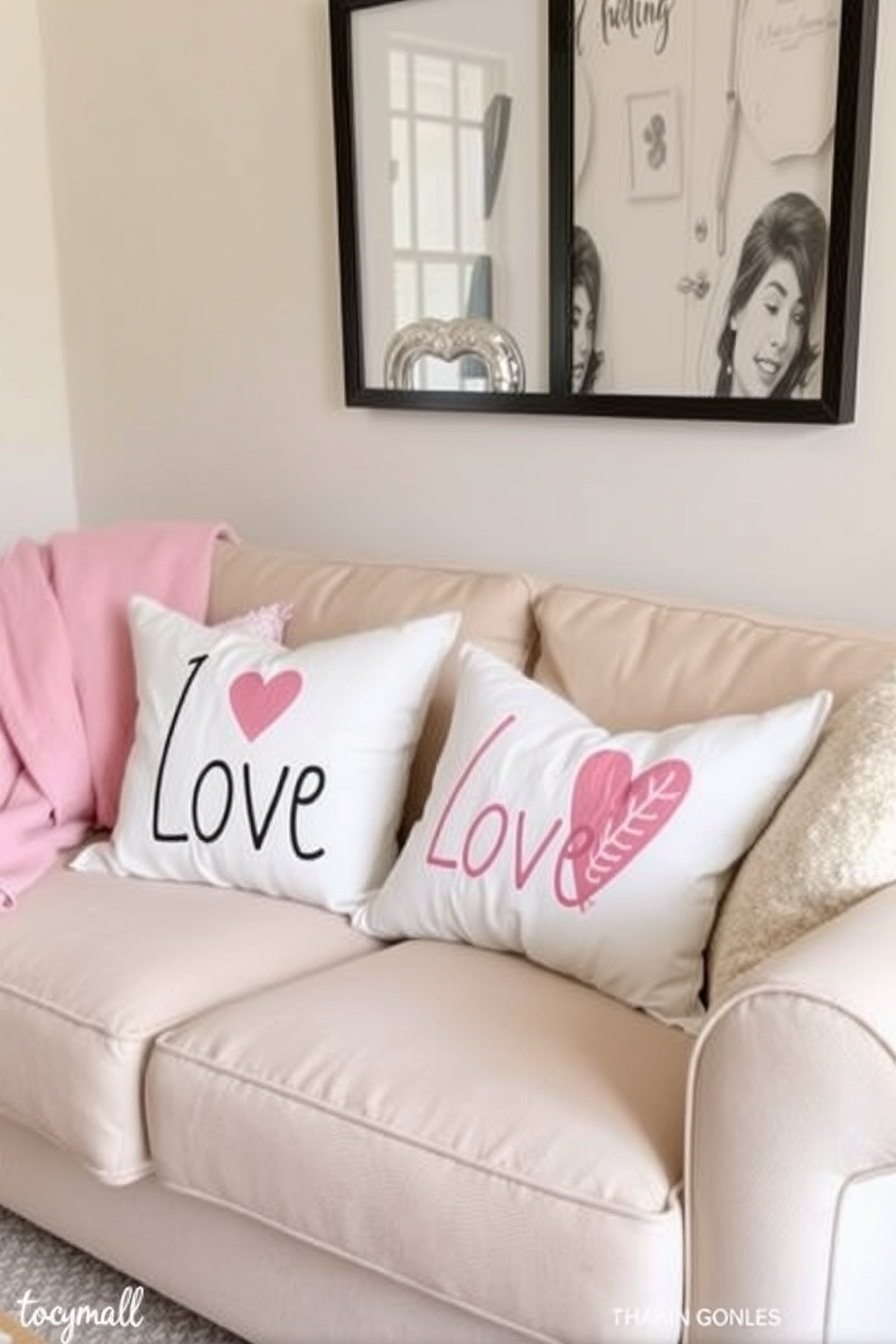 A cozy small living room adorned with throw pillows featuring playful love motifs. The pillows are arranged on a soft beige sofa, complemented by a light pink throw blanket draped over the armrest.