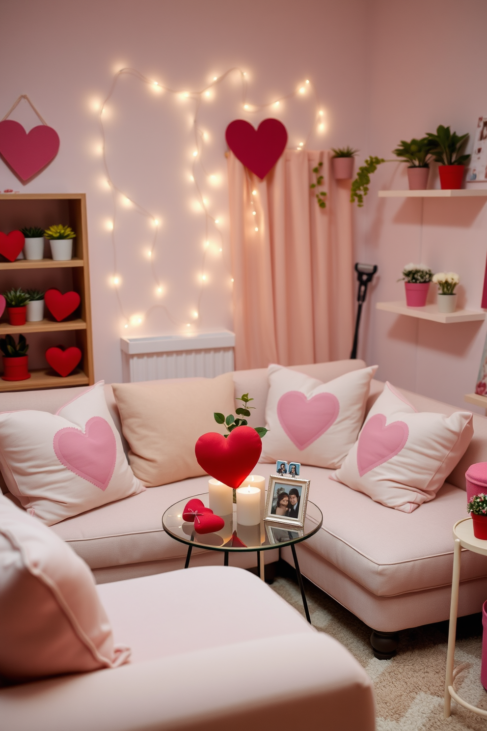 A small living room adorned with warm ambient lighting creates an intimate atmosphere perfect for Valentine's Day. Soft, glowing string lights drape across the walls, while candles flicker gently on a coffee table adorned with romantic decor.