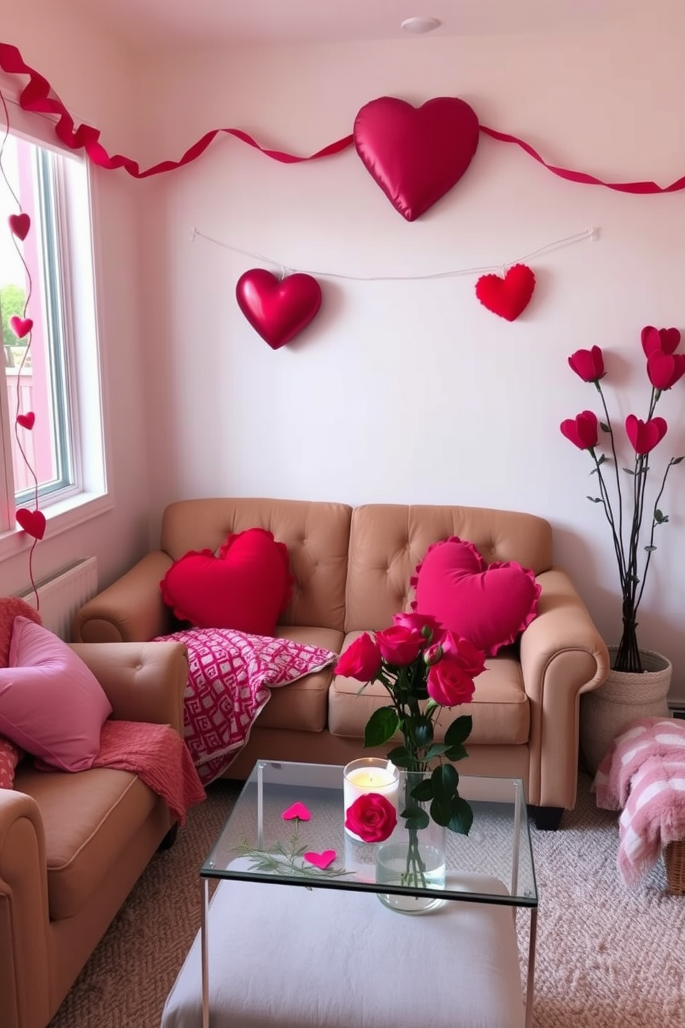 A cozy small living room adorned for Valentine's Day features a plush sofa with heart-shaped pillows in shades of red and pink. The walls are painted in a soft pastel hue, and a small coffee table is set with candles and a vase of fresh roses to enhance the romantic atmosphere.