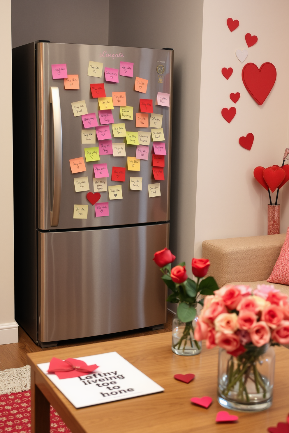 Charming love notes on the fridge. Colorful sticky notes with handwritten messages of love and affection are scattered across a stainless steel refrigerator, creating a playful and personal touch. Small Living Room Valentines Day Decorating Ideas. A cozy living room features soft pink and red throw pillows on a neutral sofa, with heart-shaped decorations adorning the walls and a bouquet of roses on the coffee table.