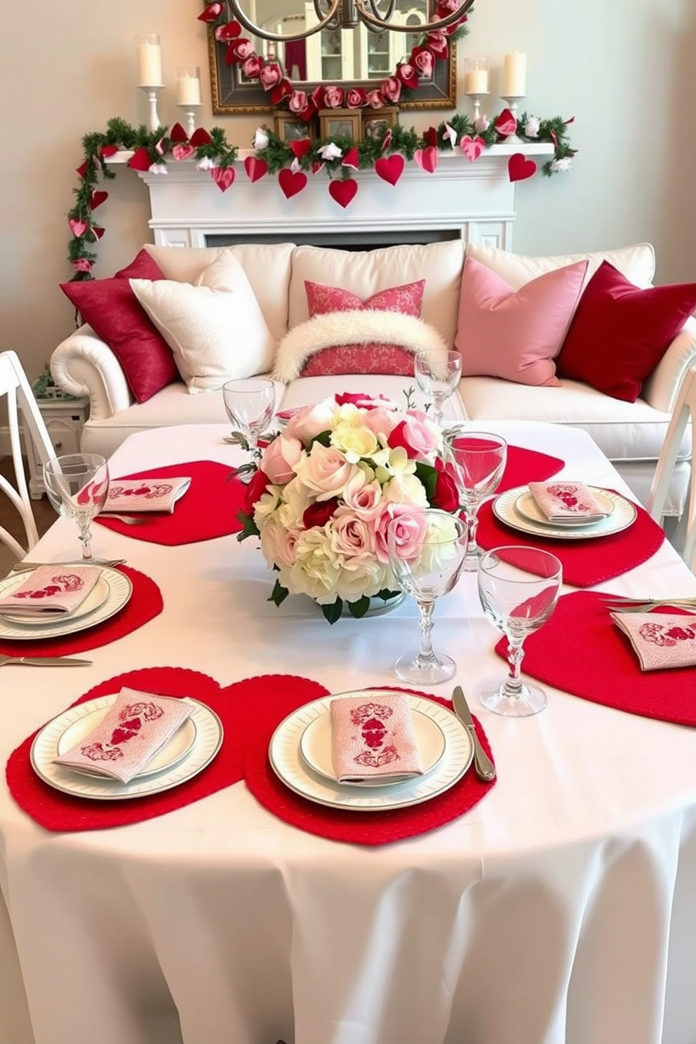 Elegant table settings with heart accents. A beautifully set dining table features a white tablecloth adorned with red heart-shaped placemats. Delicate china with gold trim is paired with crystal glassware, creating an inviting atmosphere. Soft pink and white floral arrangements are placed in the center, adding a romantic touch. Small living room Valentines Day decorating ideas. Cozy throw pillows in shades of red and pink are arranged on a plush sofa. A heart-themed garland drapes across the mantel, complemented by scented candles in decorative holders.