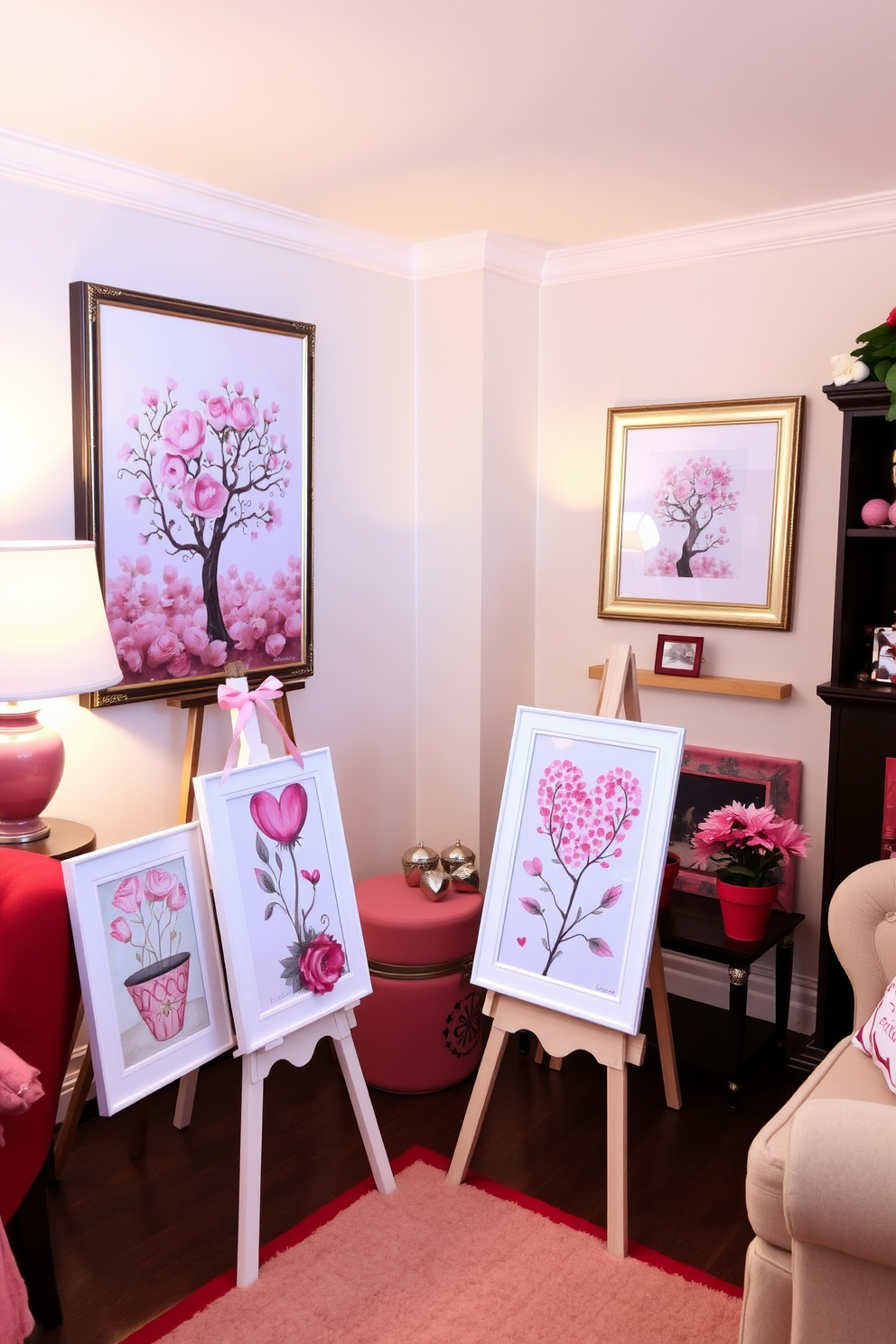 Seasonal artwork is elegantly displayed on easels throughout the small living room. The space is adorned with soft pink and red accents, creating a warm and inviting atmosphere for Valentine's Day celebrations.