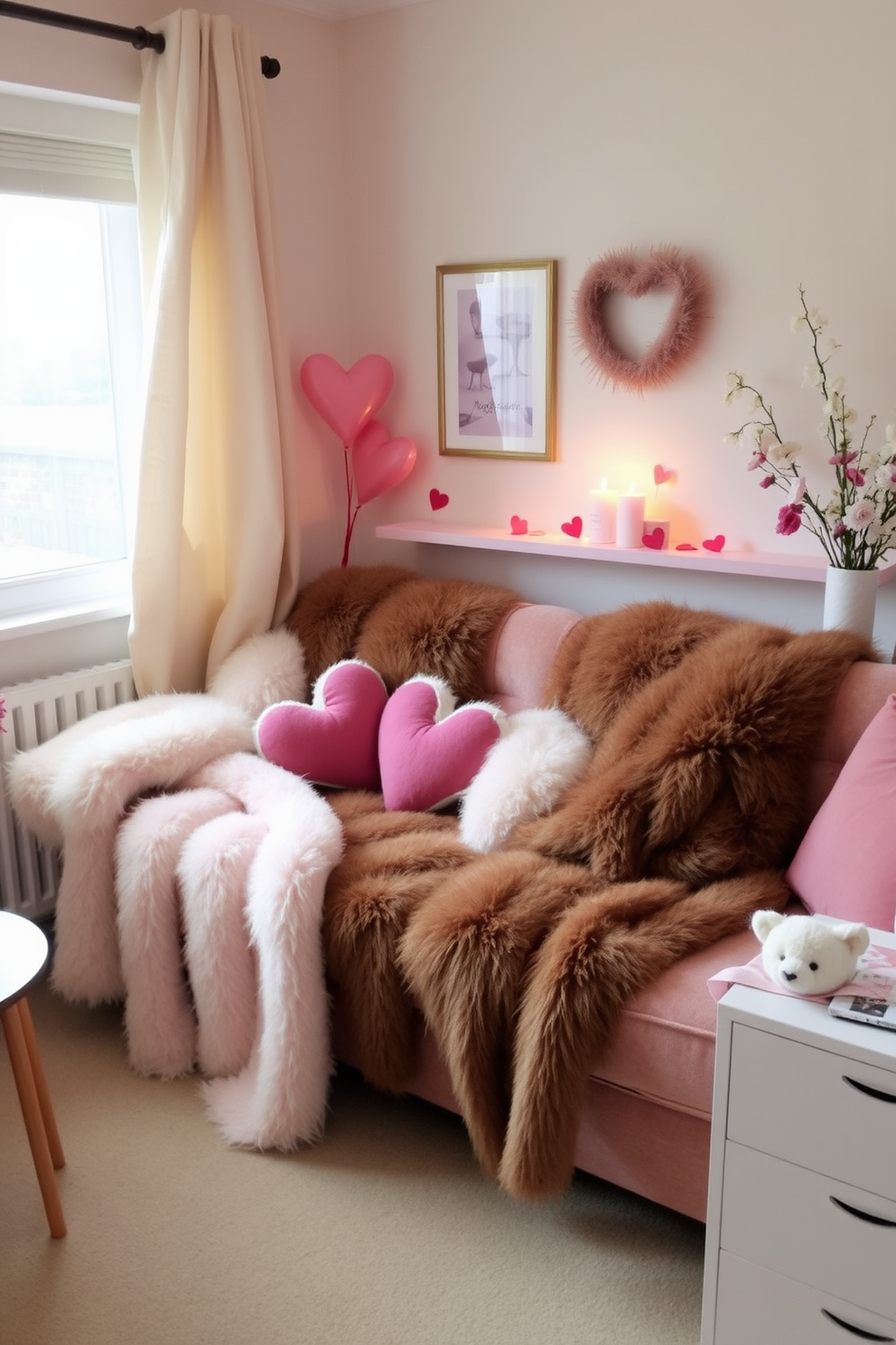 A small living room adorned with soft faux fur throws draped over a plush sofa, creating an inviting and cozy atmosphere. Delicate Valentine's Day decorations, such as heart-shaped cushions and subtle floral arrangements, add a touch of romance to the space.