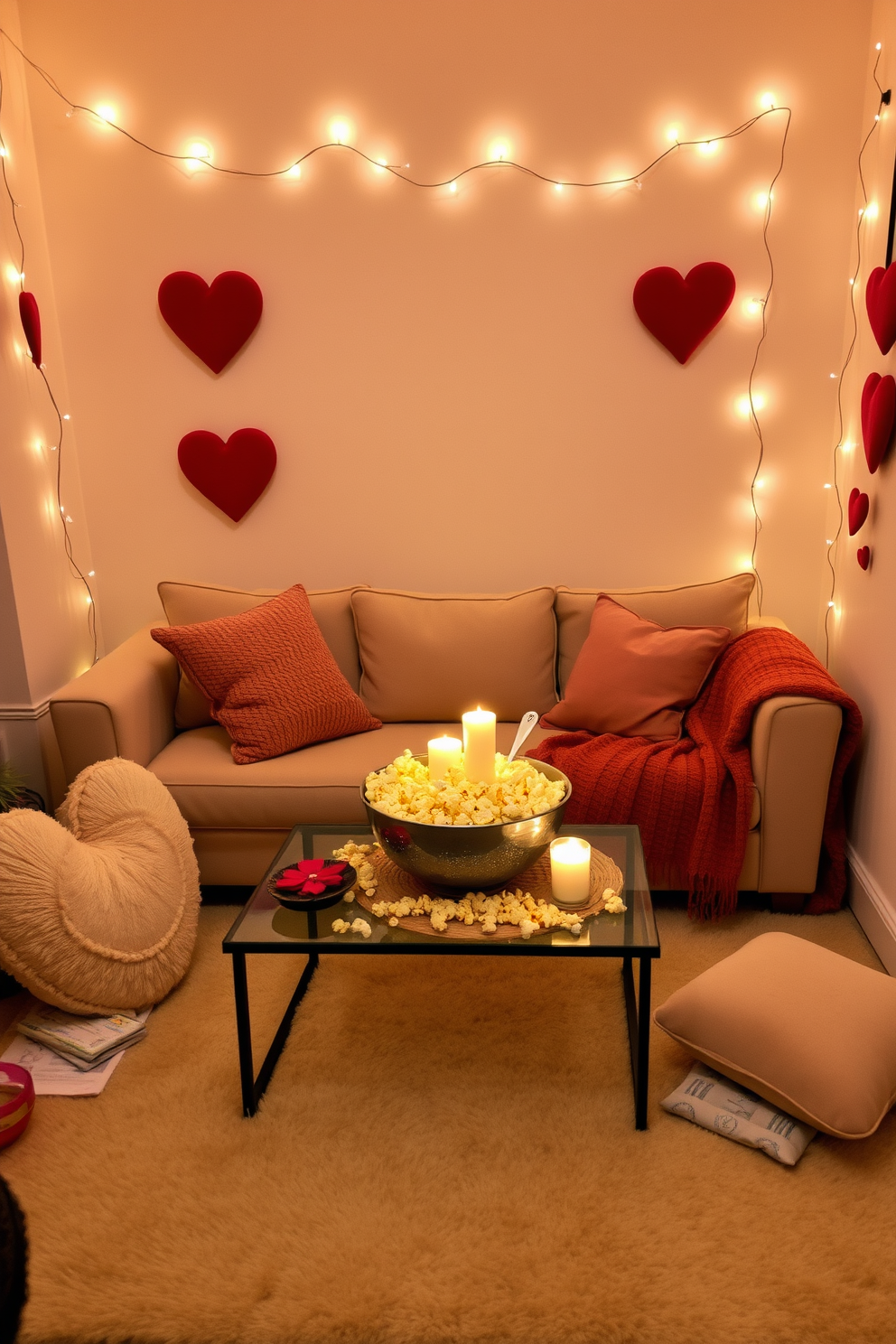 A cozy small living room adorned with soft pastel curtains that gently filter the light, creating a warm and inviting atmosphere. Delicate heart-shaped decorations and subtle floral accents enhance the romantic vibe, perfect for Valentine's Day celebrations.