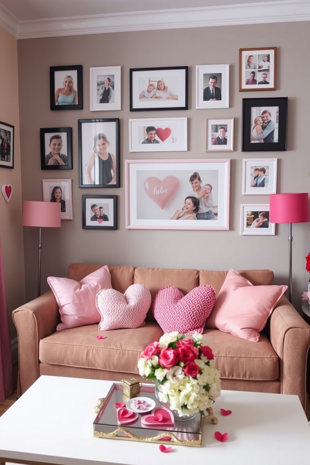 A cozy small living room adorned with personalized photo frames showcasing cherished memories. The frames are arranged in a stylish gallery wall above a plush sofa, creating a warm and inviting atmosphere. For Valentine's Day, soft pink and red accents are added throughout the space. Heart-shaped cushions and a delicate floral arrangement on the coffee table enhance the romantic ambiance.