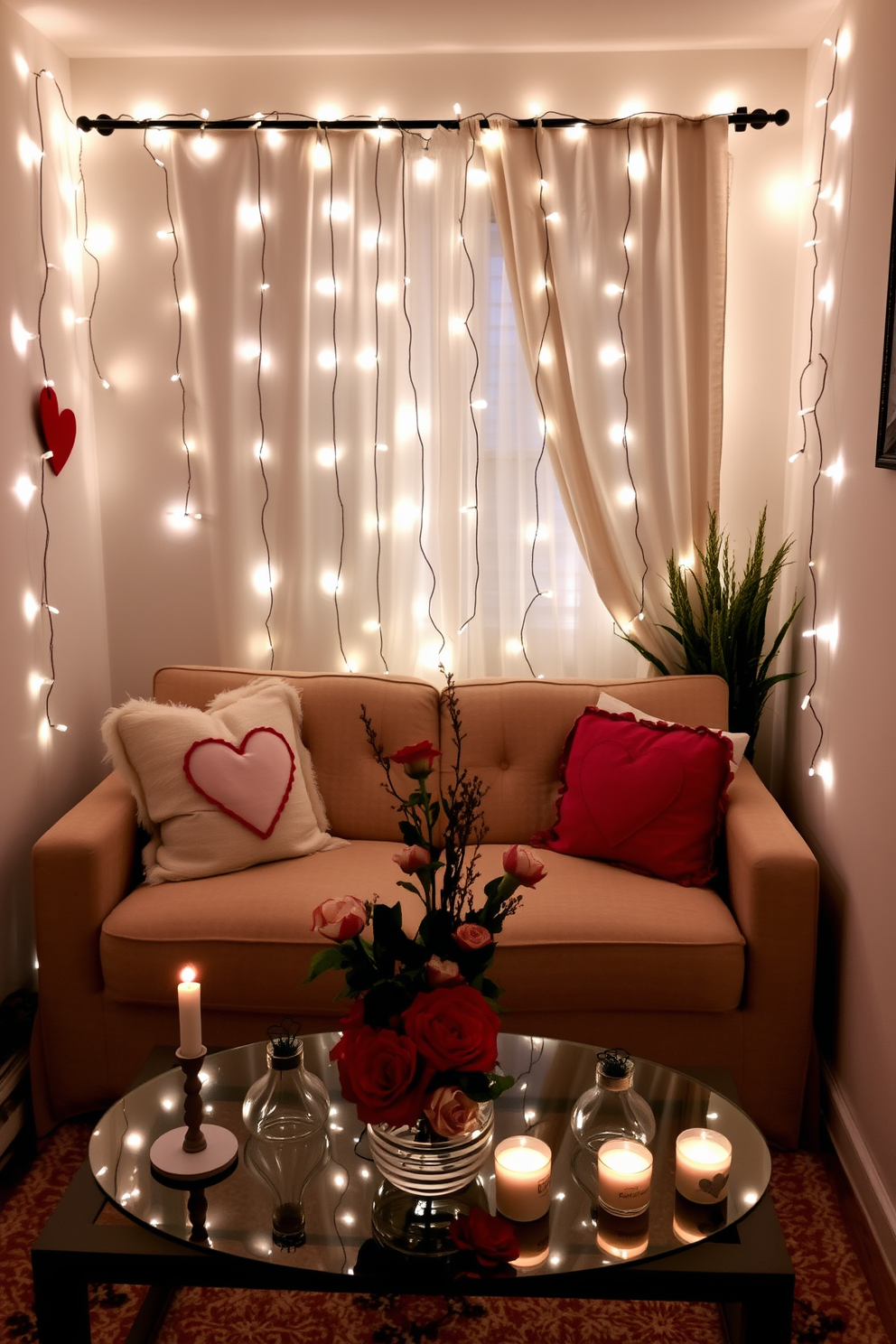 A cozy small living room adorned with soft lighting that creates an inviting atmosphere. The space features a comfortable sofa with plush cushions, and decorative fairy lights drape gracefully along the walls. Valentines Day decorations include heart-shaped throw pillows and a romantic centerpiece on the coffee table. Fresh flowers in a vase add a touch of elegance, while candles flicker gently to enhance the warm ambiance.