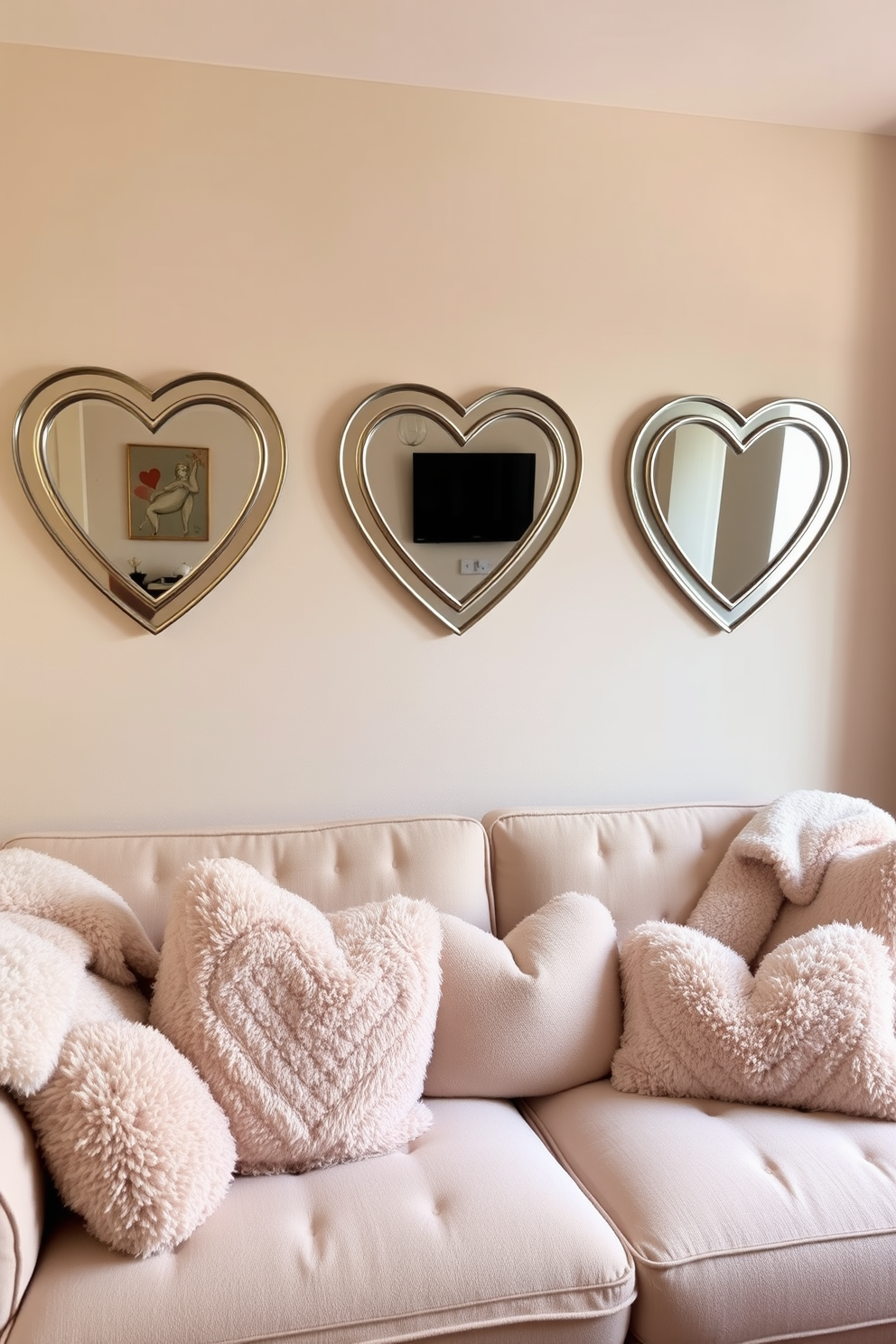 A cozy small living room adorned with heart-shaped wall mirrors reflecting the warm ambiance of the space. Soft pastel colors dominate the decor, with plush cushions and throws enhancing the romantic atmosphere for Valentine's Day.