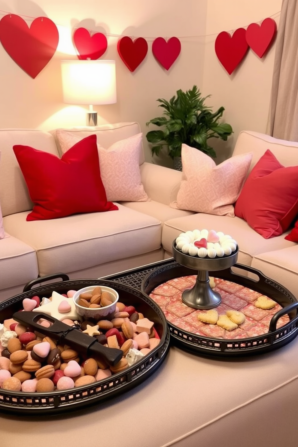 A cozy small living room adorned for Valentine's Day features decorative trays filled with an assortment of sweet treats. The space is accented with soft pink and red cushions on a neutral sofa, creating a warm and inviting atmosphere.