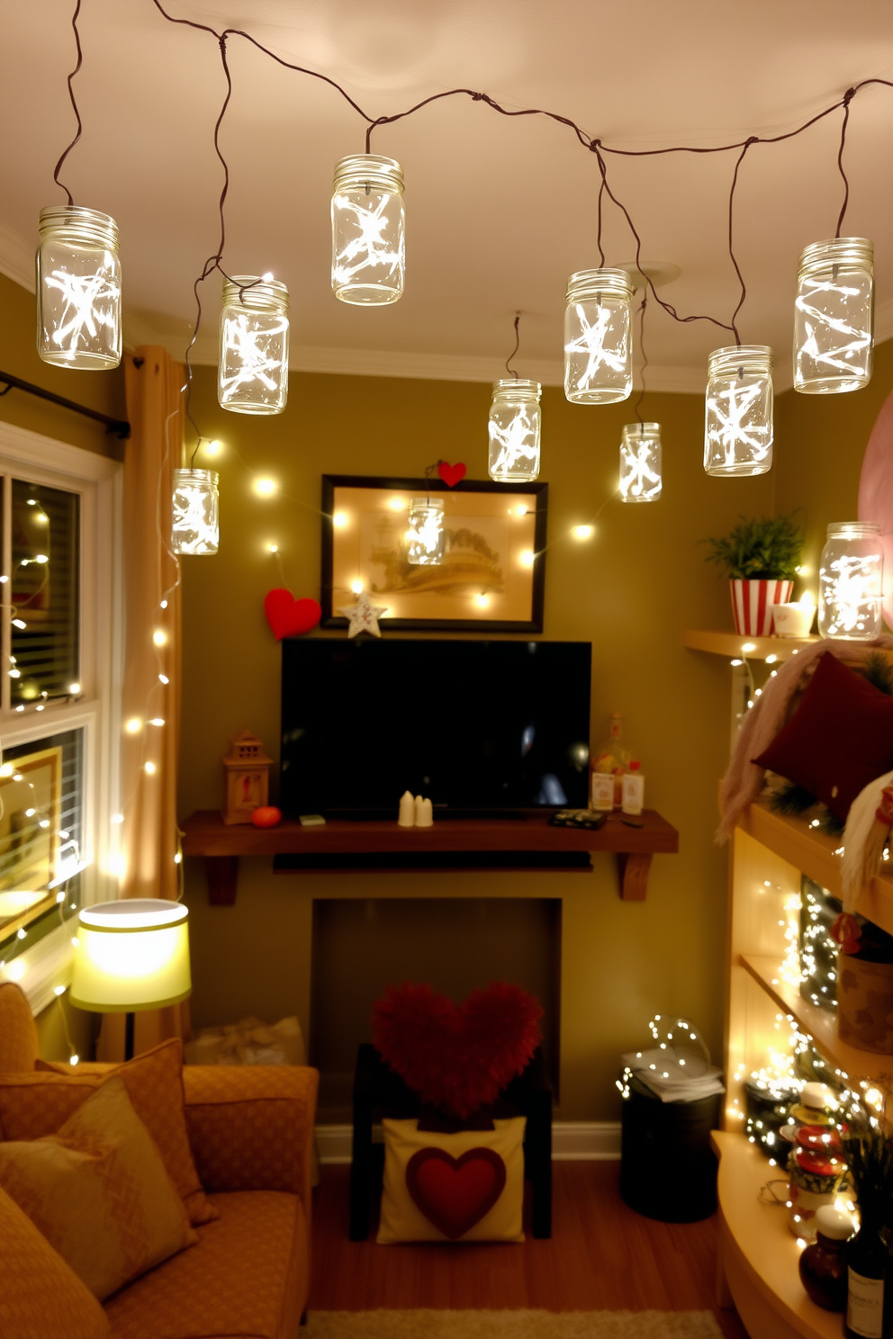 A cozy small living room adorned with string lights in glass jars creates a warm and inviting atmosphere. The jars are hung from the ceiling and placed on shelves, casting a soft glow throughout the space while festive Valentine's Day decorations add a touch of romance.