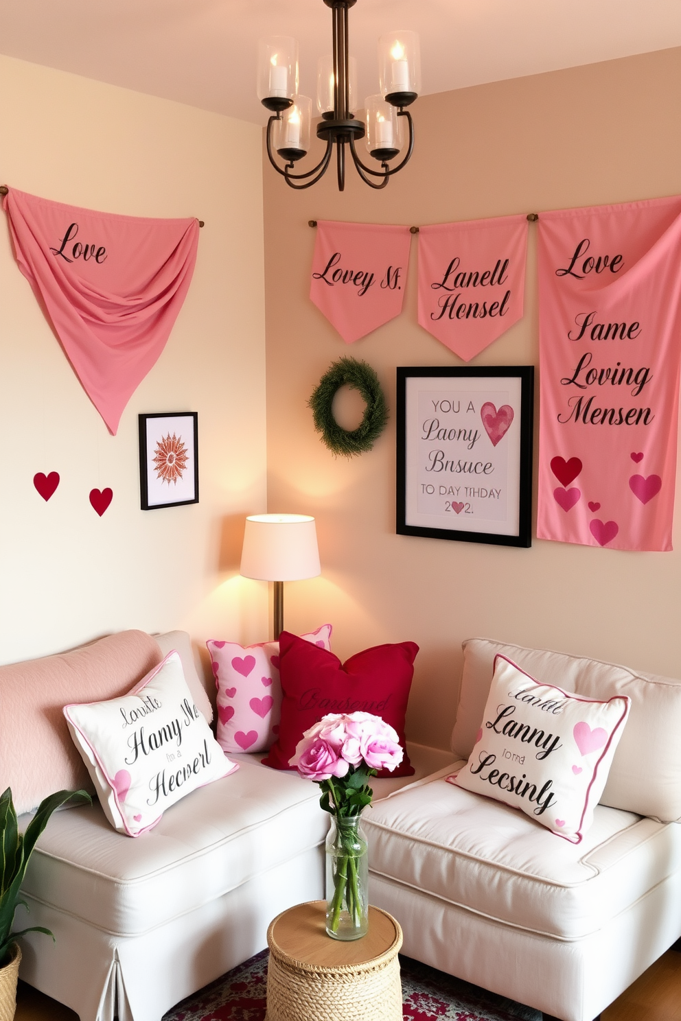 Create a cozy small living room decorated for Valentine's Day. The walls are adorned with banners featuring love messages in elegant script, adding a romantic touch to the space.