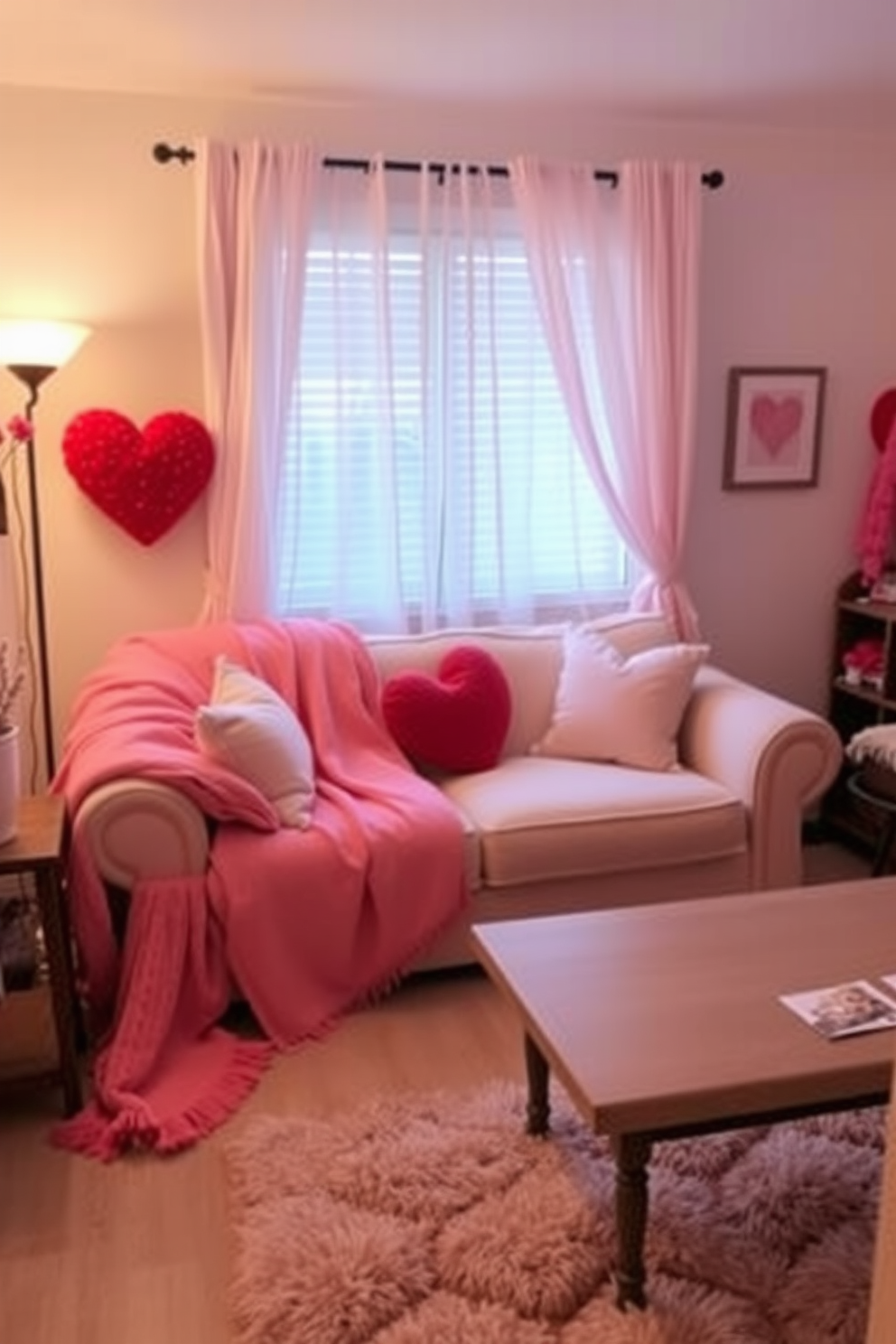 A cozy small living room decorated for Valentine's Day features pink and red throw blankets draped over a plush sofa. Soft lighting creates a warm ambiance, and heart-shaped cushions add a romantic touch to the space.