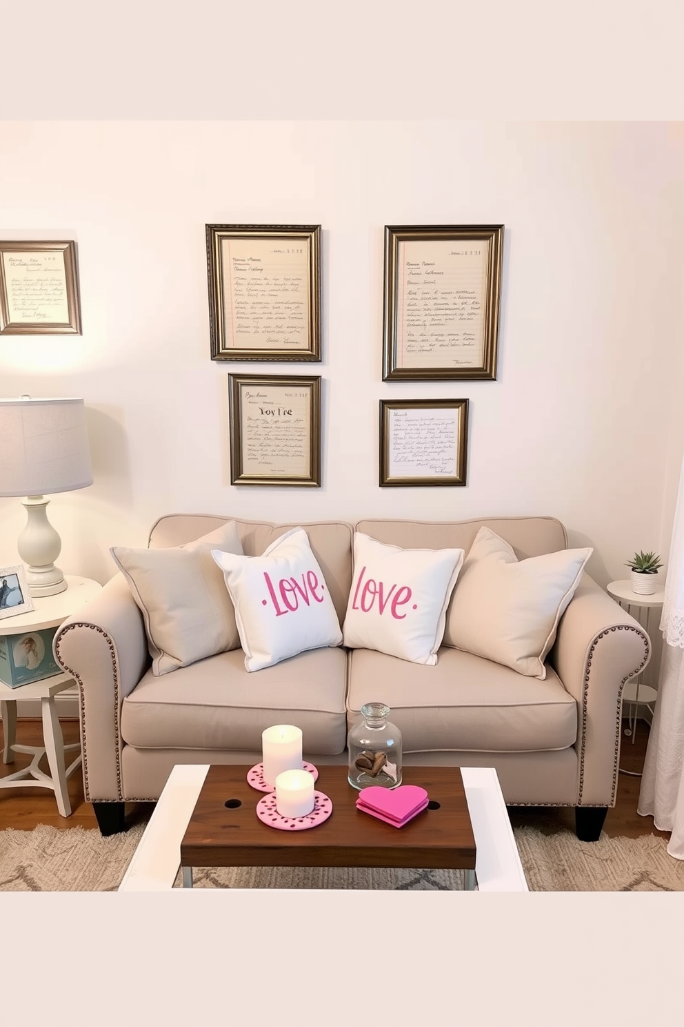 A cozy small living room adorned with candles in soft pastel colors creating a warm and inviting atmosphere. The decor features plush cushions on a neutral sofa, and a delicate arrangement of flowers on a coffee table enhances the Valentine's Day theme.