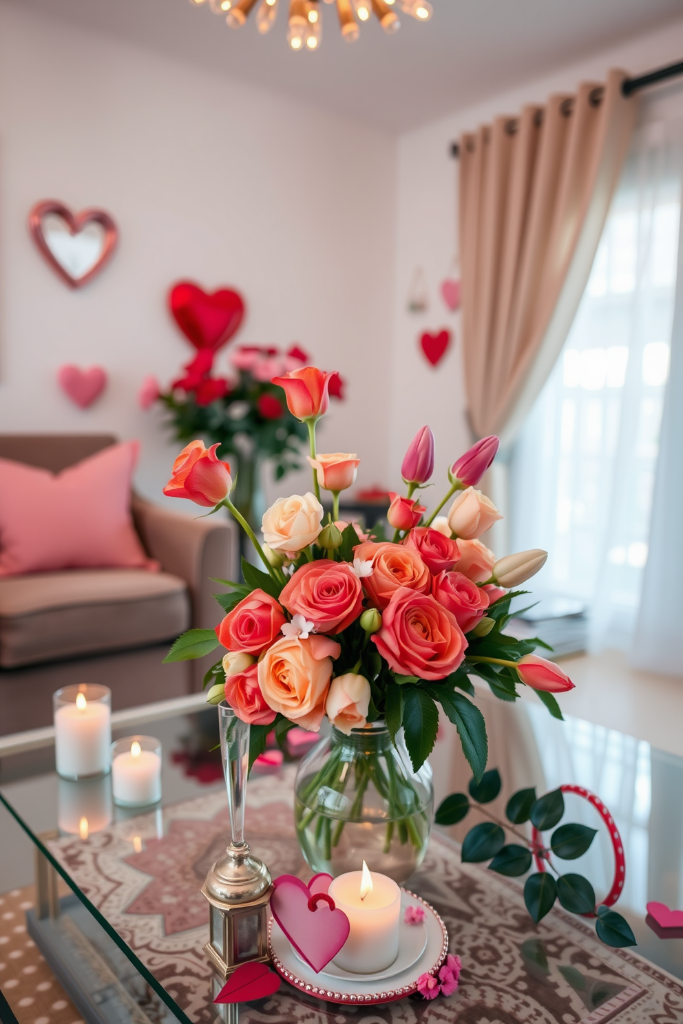 A cozy small living room adorned with romantic Valentine’s Day decorations. A beautiful floral arrangement featuring vibrant roses and delicate tulips is placed on a coffee table, surrounded by soft candles and heart-shaped decor.