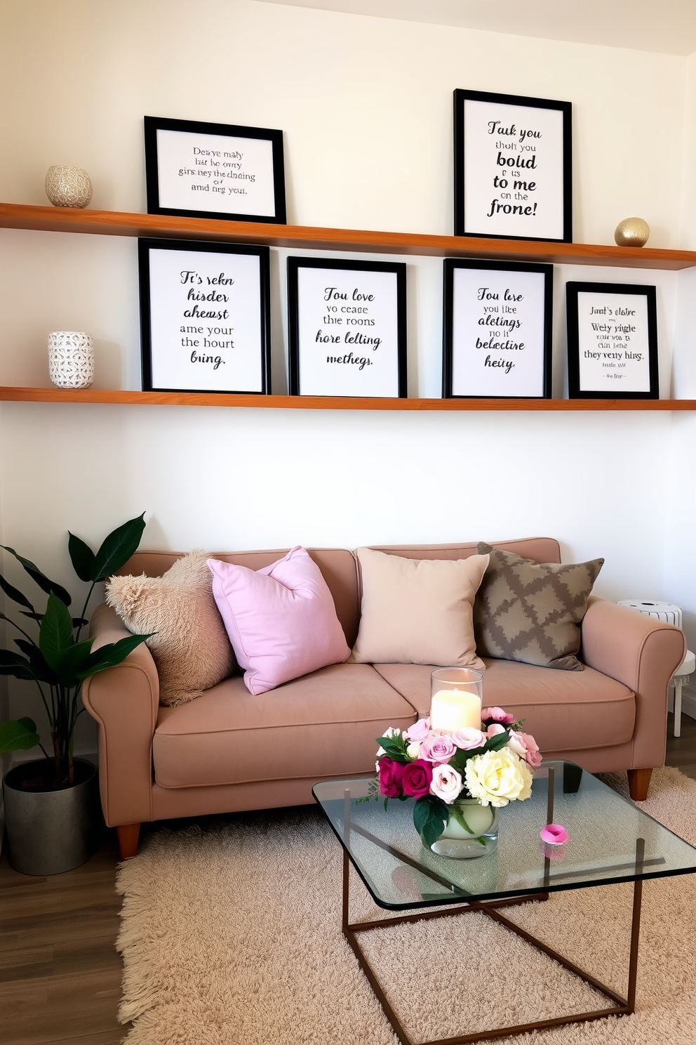 A cozy small living room adorned with romantic quotes framed in elegant black frames displayed on wooden shelves. Soft pastel colors dominate the decor, with plush cushions on a comfortable sofa and a small coffee table decorated with candles and fresh flowers for a Valentine's Day theme.