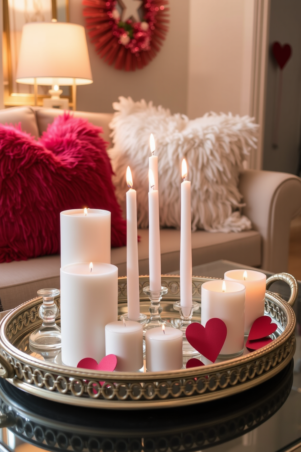 Create a cozy small living room setting for Valentine's Day with candles in varying heights and sizes arranged on a decorative tray. Soft, warm lighting enhances the romantic atmosphere, complemented by plush throw pillows in shades of red and pink on a comfortable sofa.