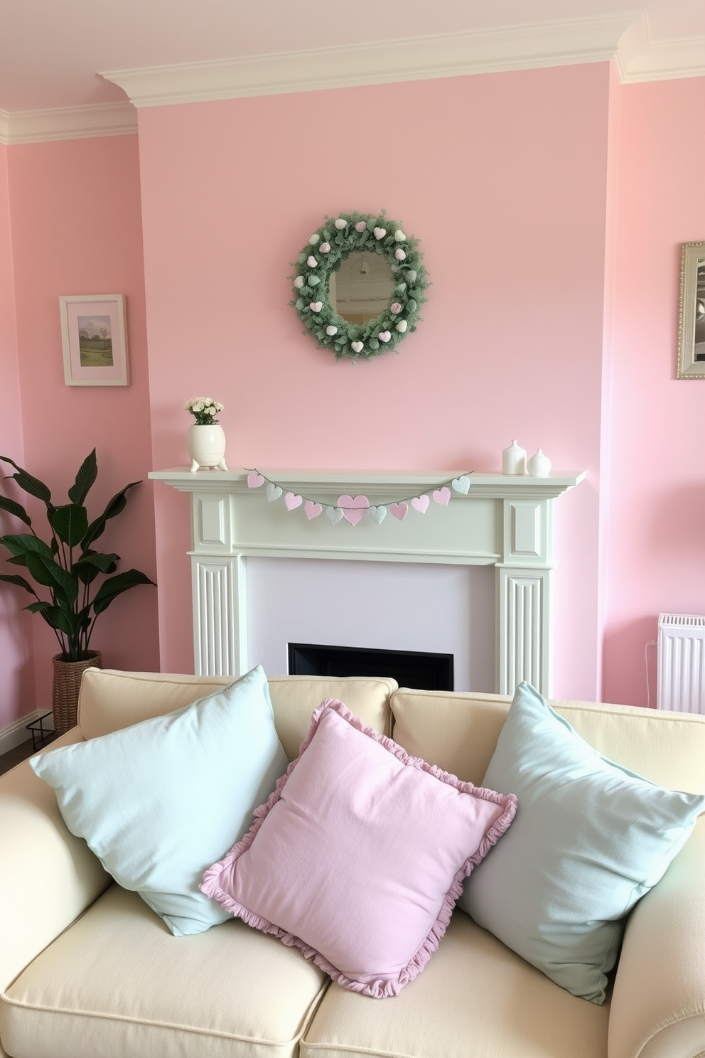 A small living room adorned with a soft pastel color scheme. The walls are painted in a gentle blush pink, complemented by light mint green accents in the decor. Cozy throw pillows in shades of lavender and baby blue are arranged on a plush cream sofa. A delicate heart-themed garland hangs above the fireplace, adding a touch of charm for Valentine's Day.