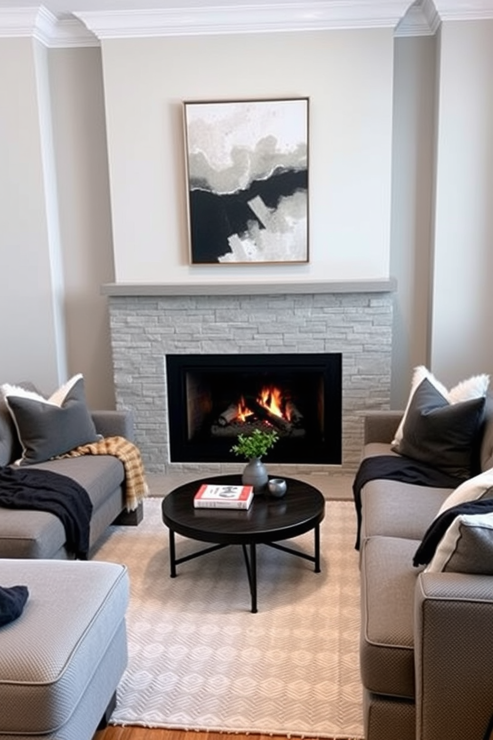 A cozy sectional sofa is arranged around a modern fireplace, creating an inviting atmosphere in the small living room. The fireplace features a sleek stone surround, and above it, a piece of abstract art adds a touch of color to the neutral palette. Soft throw pillows and a plush blanket are draped over the sectional, inviting relaxation. A round coffee table sits in the center, adorned with a few decorative books and a small potted plant for added warmth.