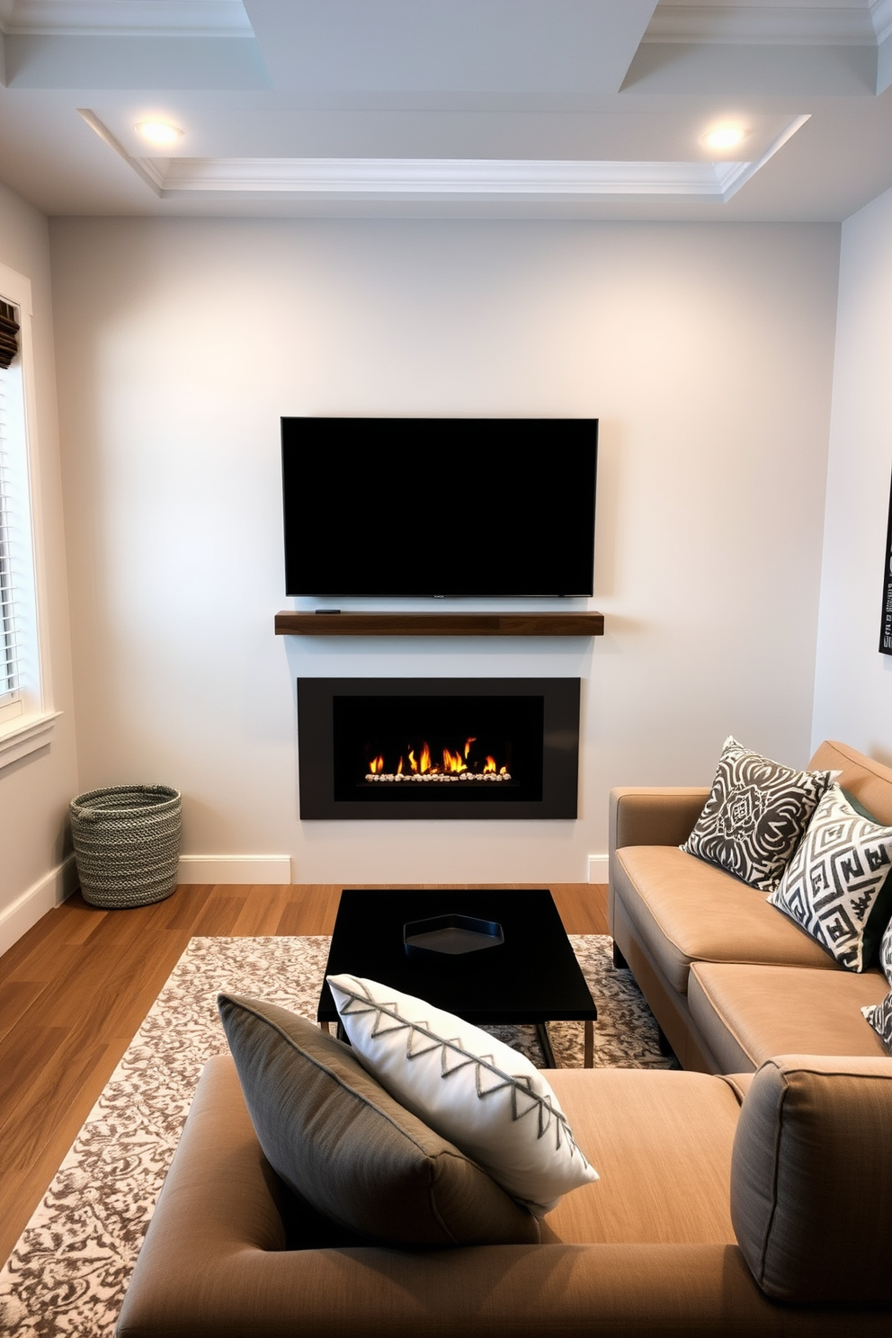 A cozy small living room featuring a warm wooden coffee table and plush seating. A beautiful stone fireplace serves as the focal point, surrounded by natural wood shelves filled with books and decorative items.