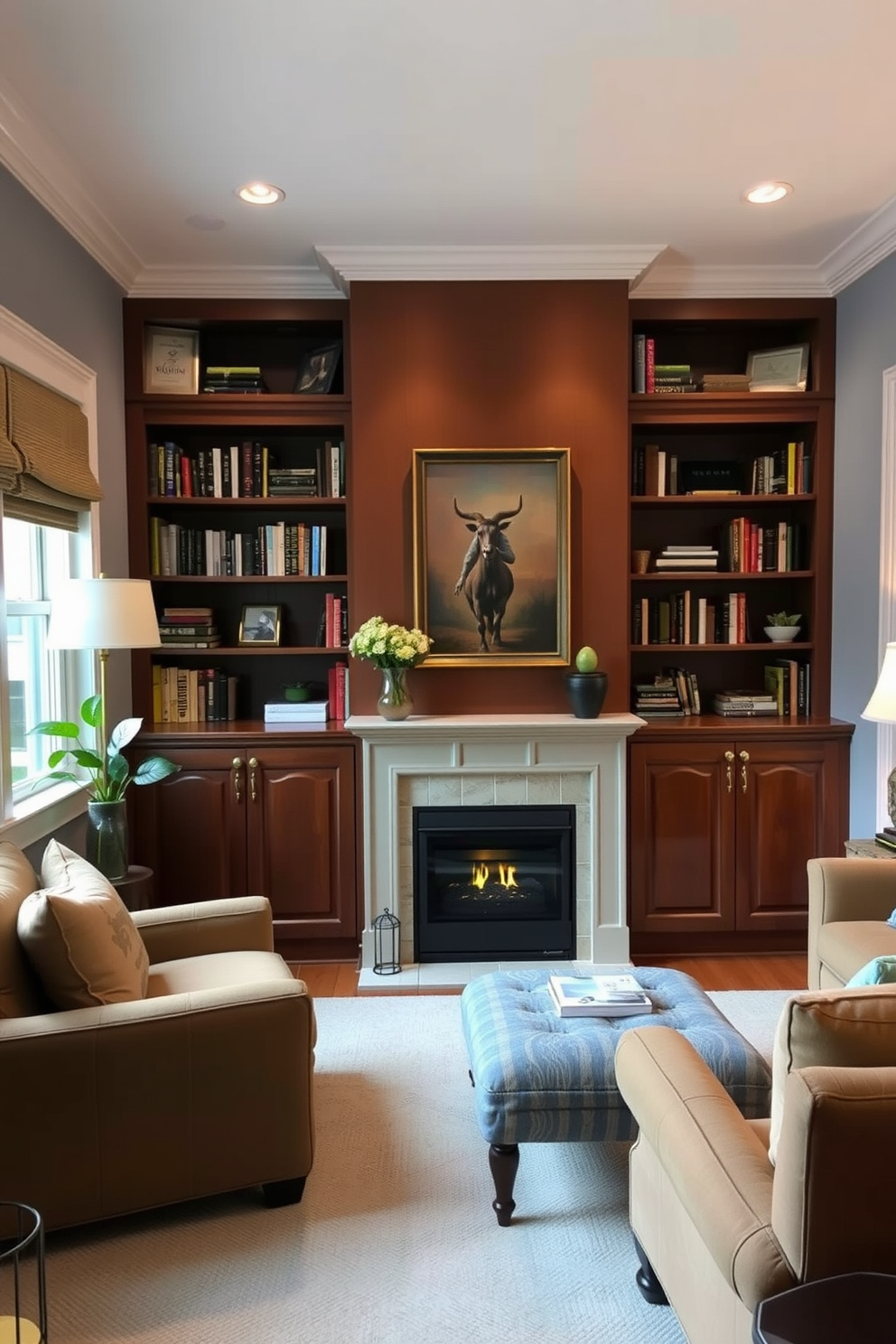 A cozy small living room featuring built-in bookshelves that add a personal touch to the space. The room includes a charming fireplace as a focal point, surrounded by comfortable seating and warm lighting.