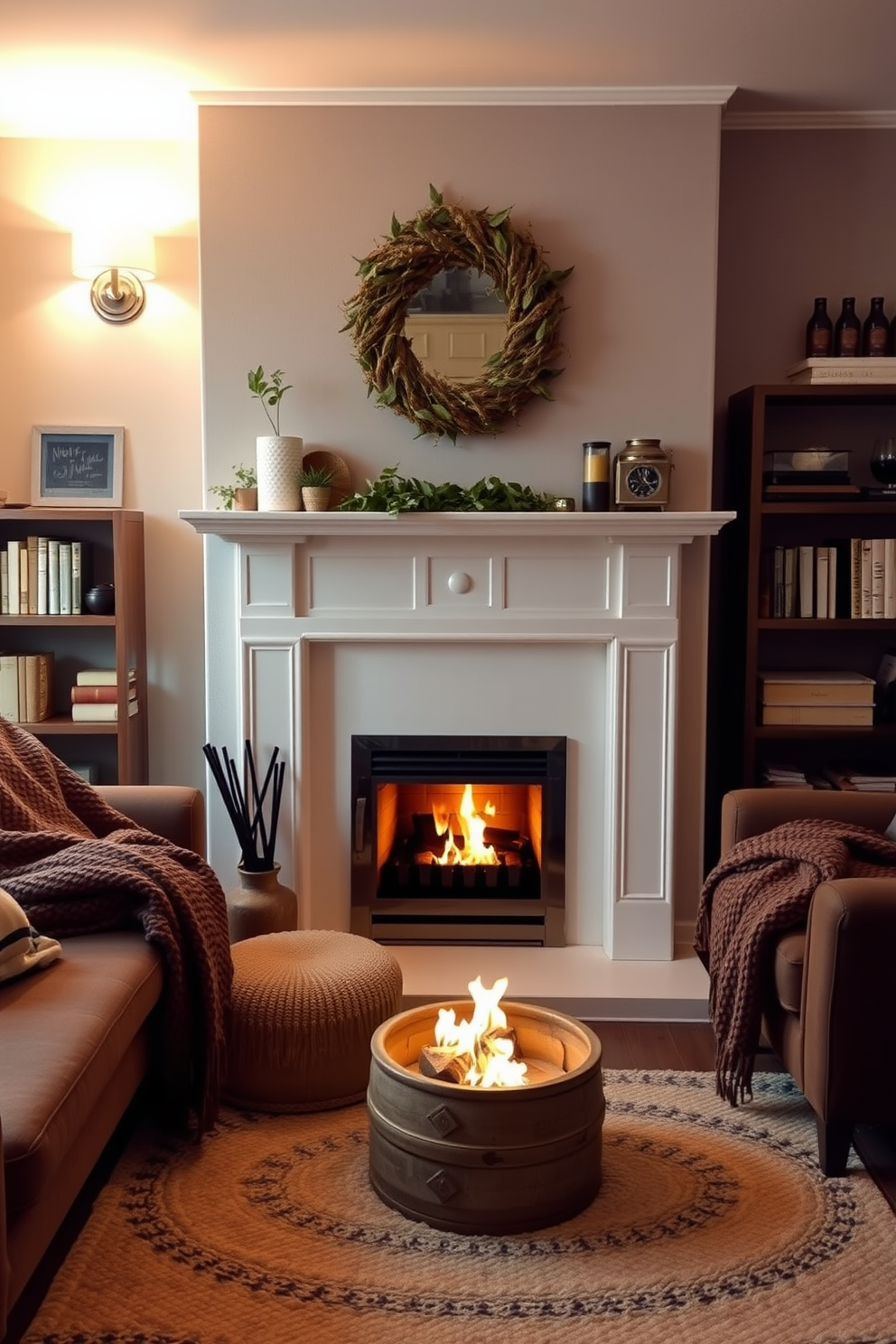 A cozy small living room features an oversized abstract artwork as the focal point above a modern fireplace. The room is adorned with a plush sofa in neutral tones and a stylish coffee table that complements the artwork's vibrant colors.