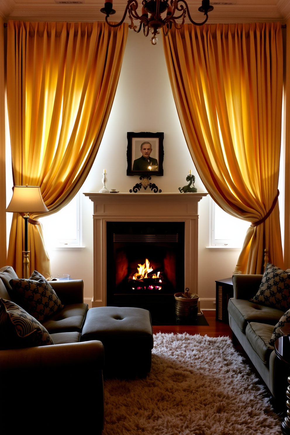 A cozy small living room featuring a fireplace framed by elegant, flowing curtains. The fireplace is adorned with a decorative mantelpiece, and a plush area rug anchors the seating arrangement.