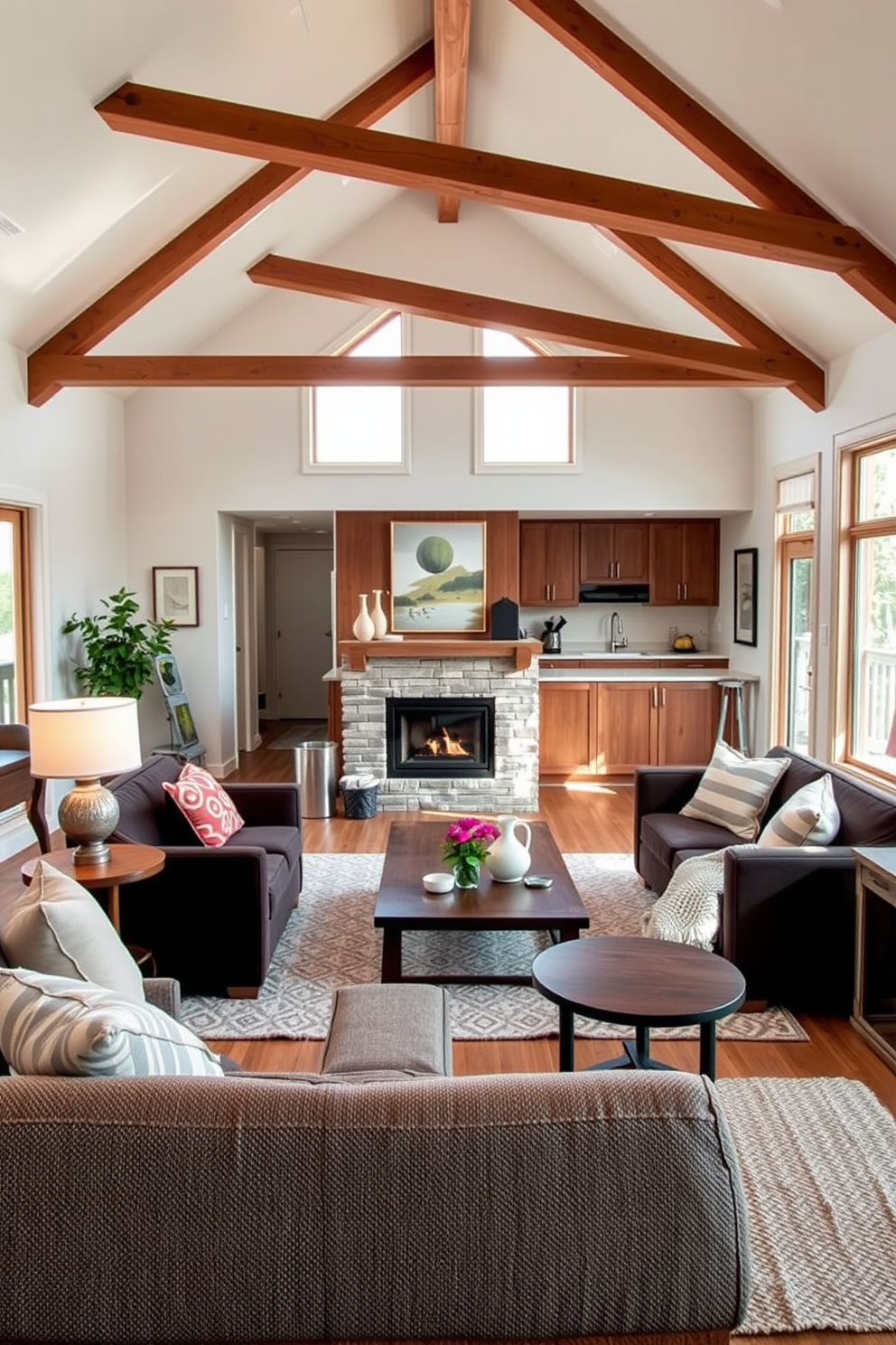 A cozy small living room featuring a modern fireplace as the focal point. The space is illuminated by stylish light fixtures that enhance the ambiance and highlight the room's design elements. The walls are painted in a warm neutral color, creating a welcoming atmosphere. A plush area rug anchors the seating arrangement, which includes a comfortable sofa and accent chairs, inviting relaxation and conversation.