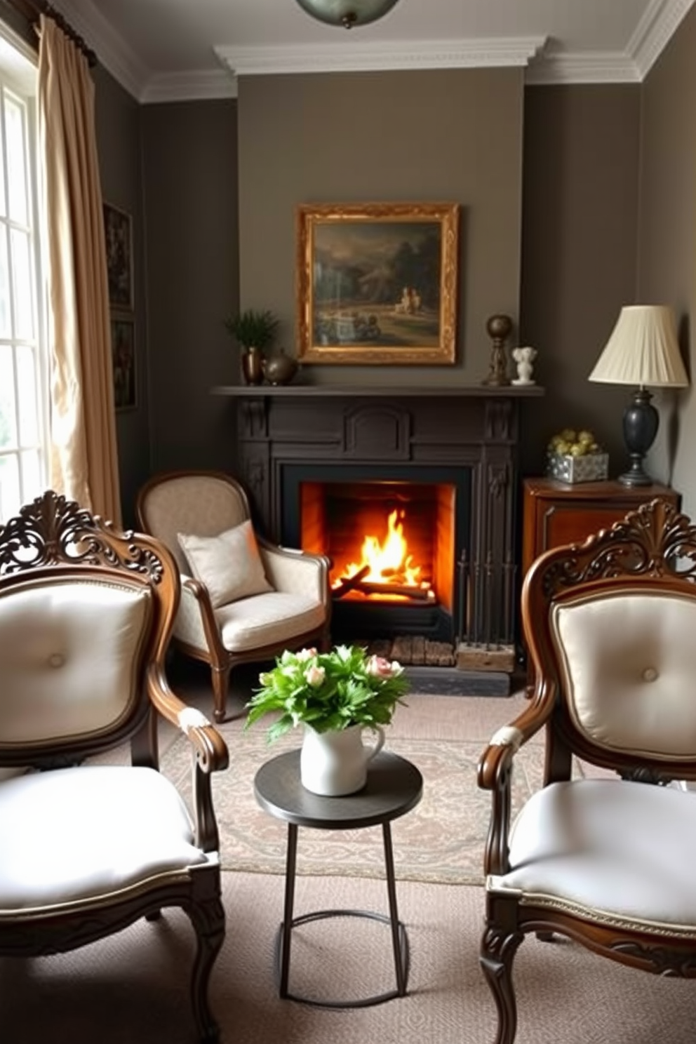 Vintage chairs with intricate carvings and soft upholstery create a charming focal point in a small living room. The warm glow of a fireplace adds a cozy ambiance, inviting relaxation and conversation in this intimate space.