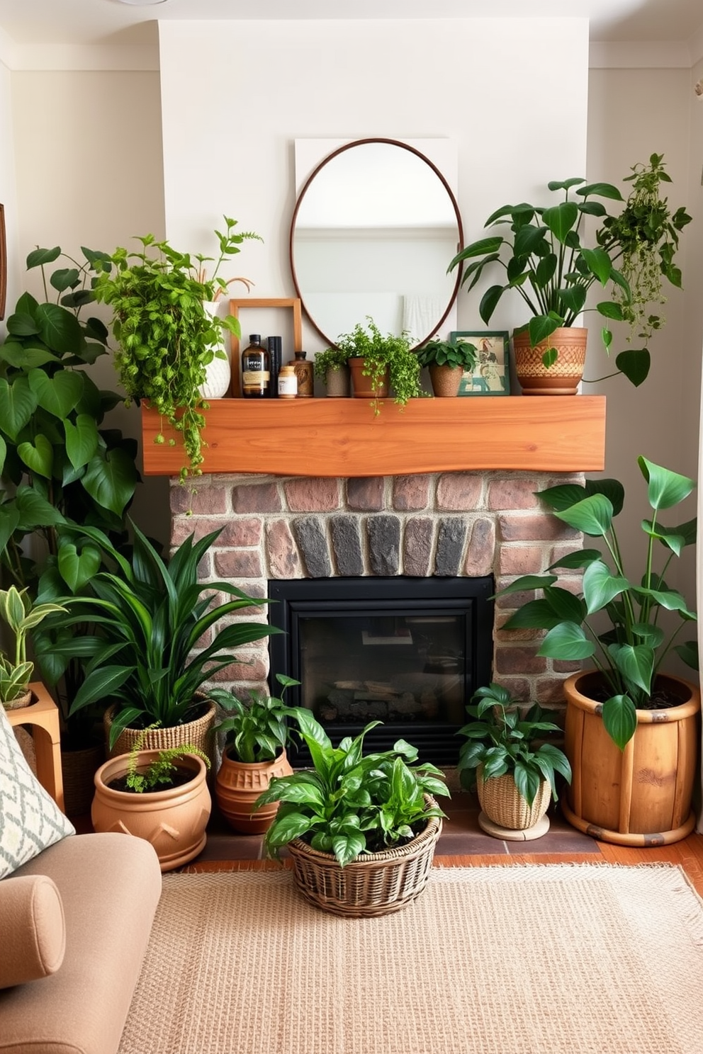 A cozy small living room that embraces natural elements with an abundance of plants and warm wooden accents. The focal point is a charming fireplace surrounded by a rustic wooden mantel, complemented by lush greenery in various planters placed throughout the space.