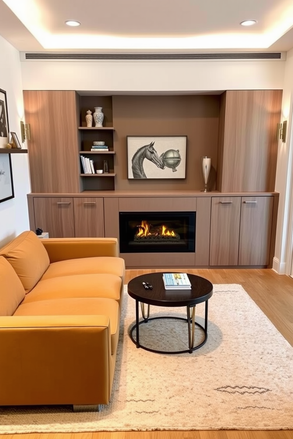 A cozy small living room features built-in cabinetry that seamlessly integrates with the wall, providing ample storage while maintaining a clean aesthetic. A modern fireplace serves as the focal point, surrounded by comfortable seating and warm accents to create an inviting atmosphere.