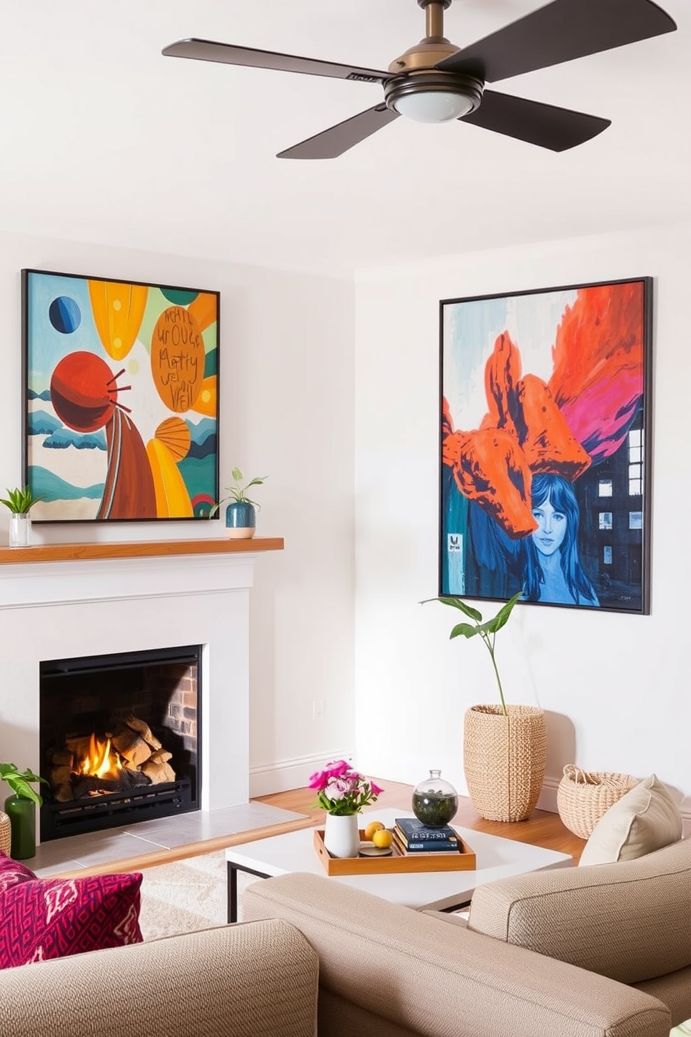 Bright artwork to enhance visual interest in a small living room featuring a cozy fireplace. The walls are painted in a soft neutral tone, allowing the vibrant colors of the artwork to stand out prominently.