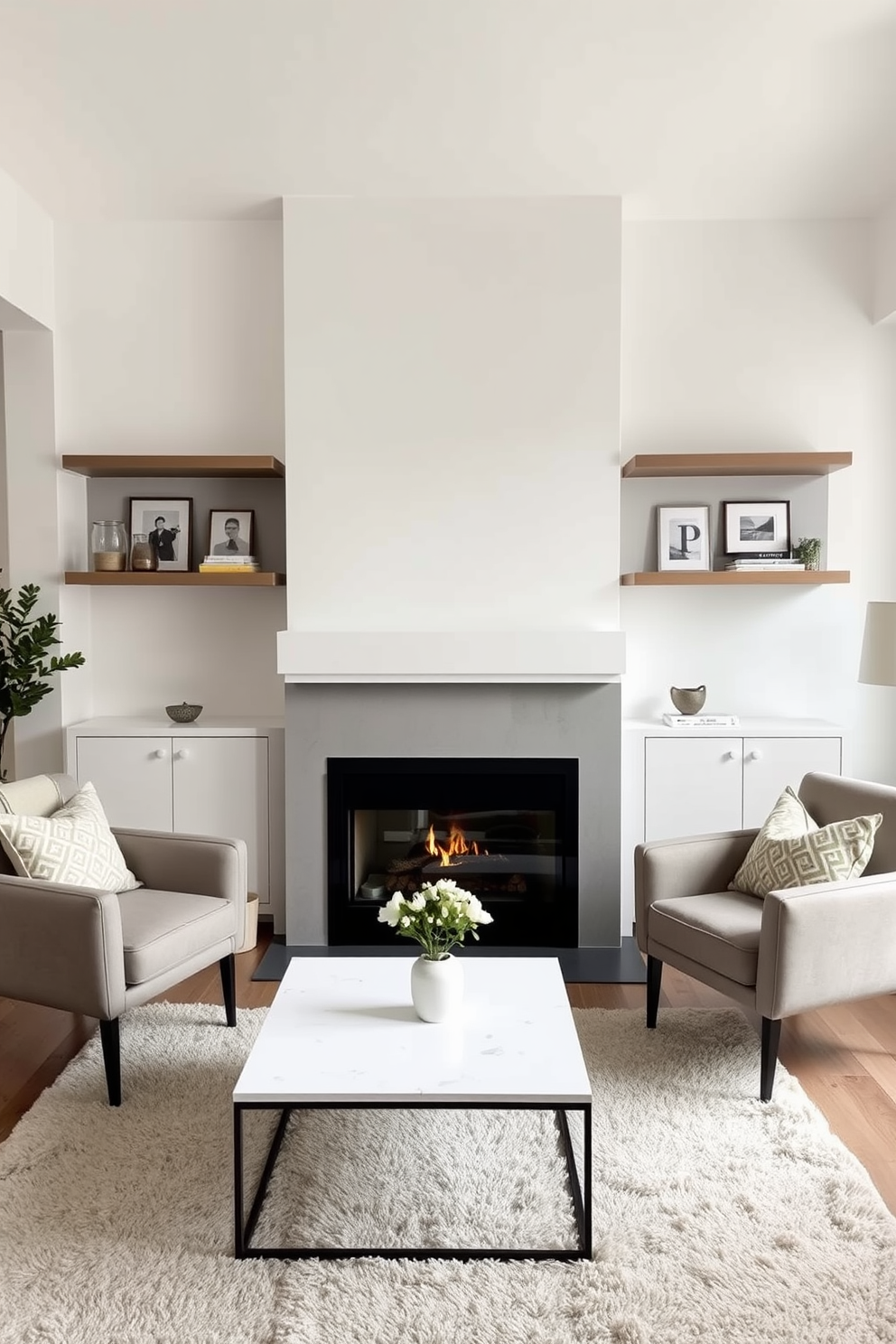 A minimalist fireplace is the focal point of a cozy small living room. It features a sleek, white surround with a subtle linear design, complemented by floating shelves on either side that display curated decor items. The room is adorned with neutral tones, creating a serene atmosphere. A plush area rug sits beneath a modern coffee table, while a pair of comfortable armchairs invite relaxation in this inviting space.