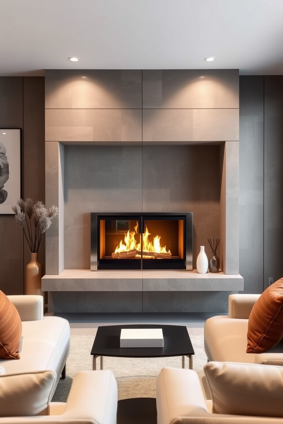 A sleek fireplace design features elegant glass doors that provide a clear view of the flames. The surrounding area is adorned with minimalist decor, enhancing the modern aesthetic of the small living room. The fireplace is set against a backdrop of textured wall panels, creating a striking focal point. Cozy seating arrangements are positioned to encourage warmth and conversation, complemented by soft lighting.