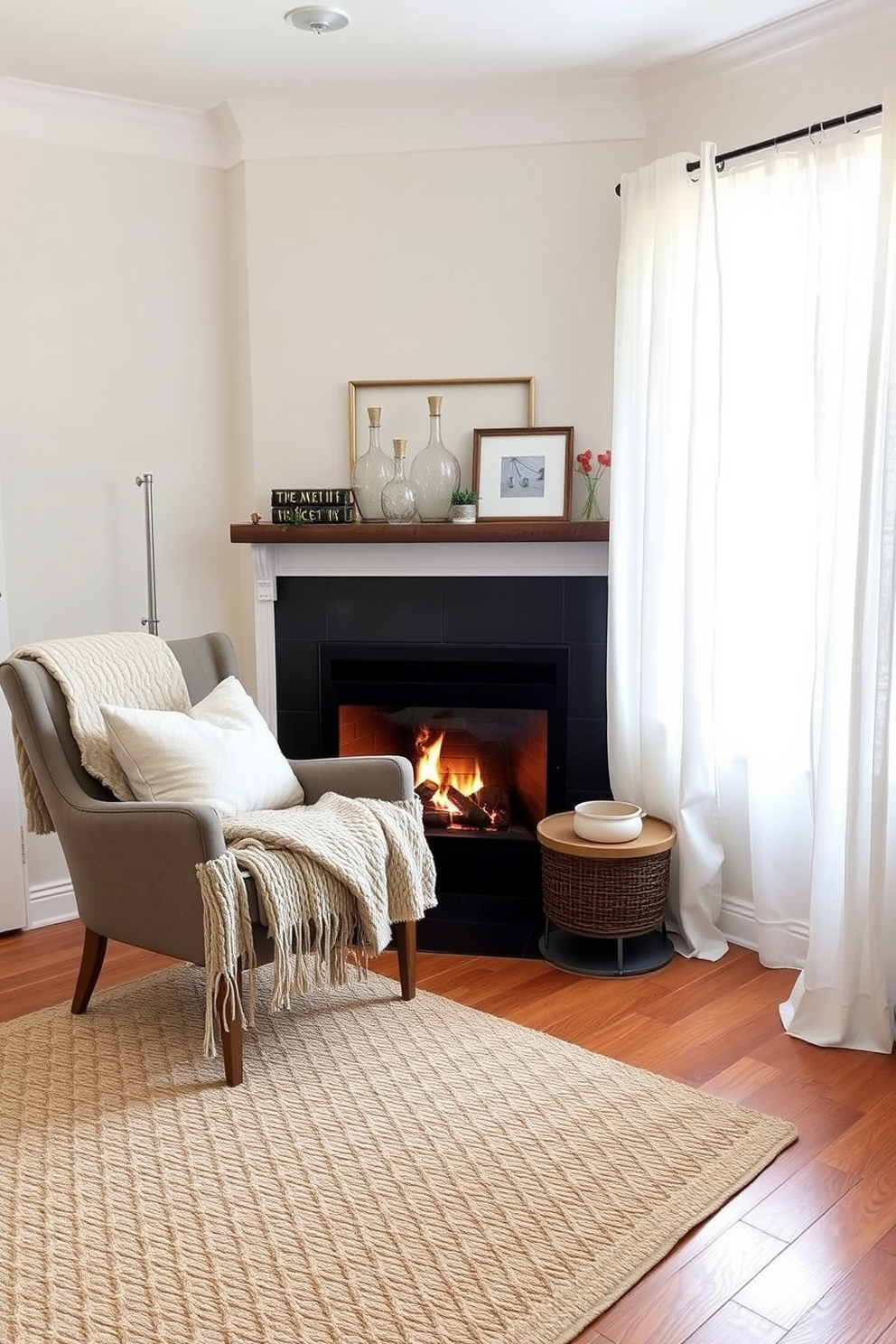 A cozy small living room featuring a warm fireplace as the focal point. The space is adorned with soft textiles such as plush throw pillows and a knitted blanket draped over a stylish armchair. Natural light filters through sheer curtains, enhancing the inviting atmosphere. A neutral color palette is complemented by a textured area rug that adds warmth to the hardwood floor.