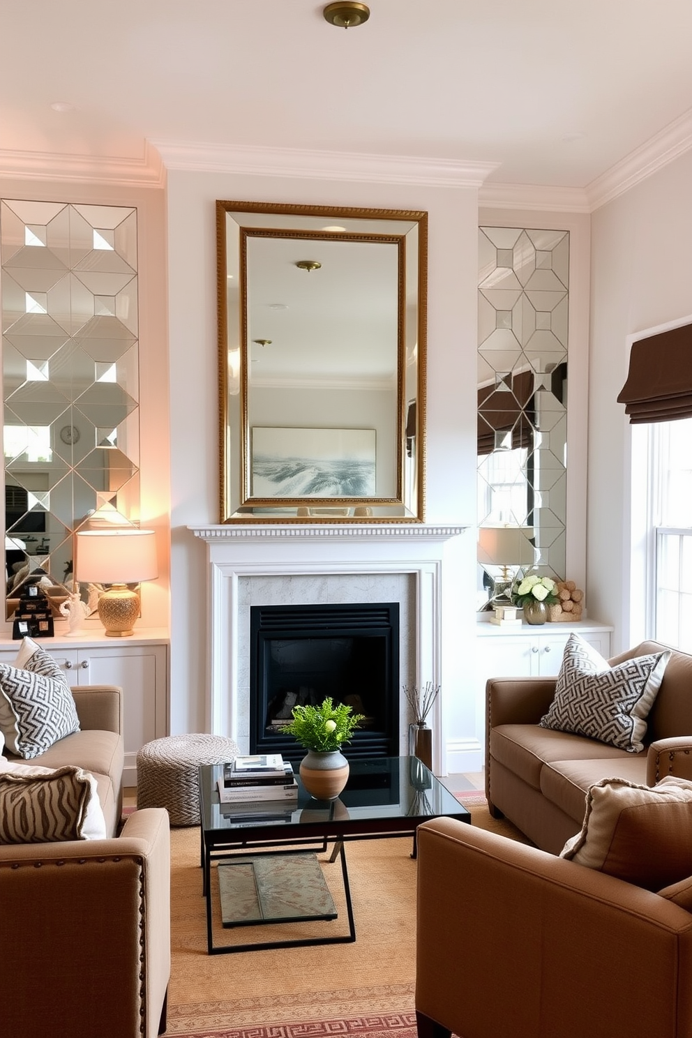 A cozy small living room featuring mirrored accents to reflect light and create an illusion of space. The room includes a stylish fireplace as the focal point, surrounded by comfortable seating and warm textures.