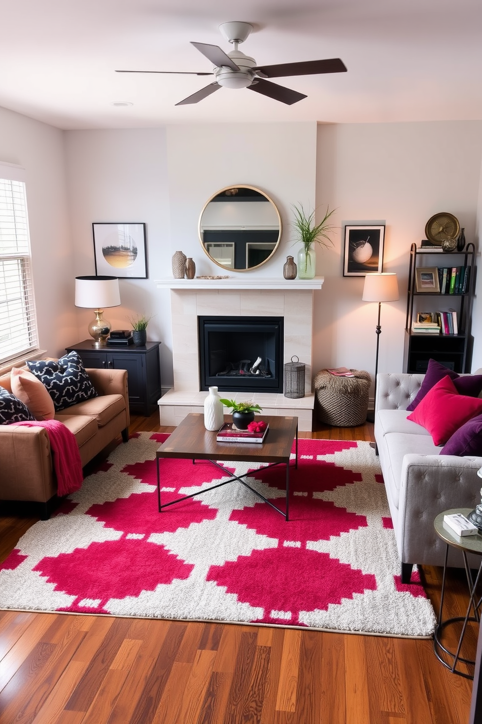 A cozy small living room featuring a bold area rug that anchors the seating arrangement. The room includes a stylish fireplace with a modern mantel, surrounded by comfortable seating and decorative accents.