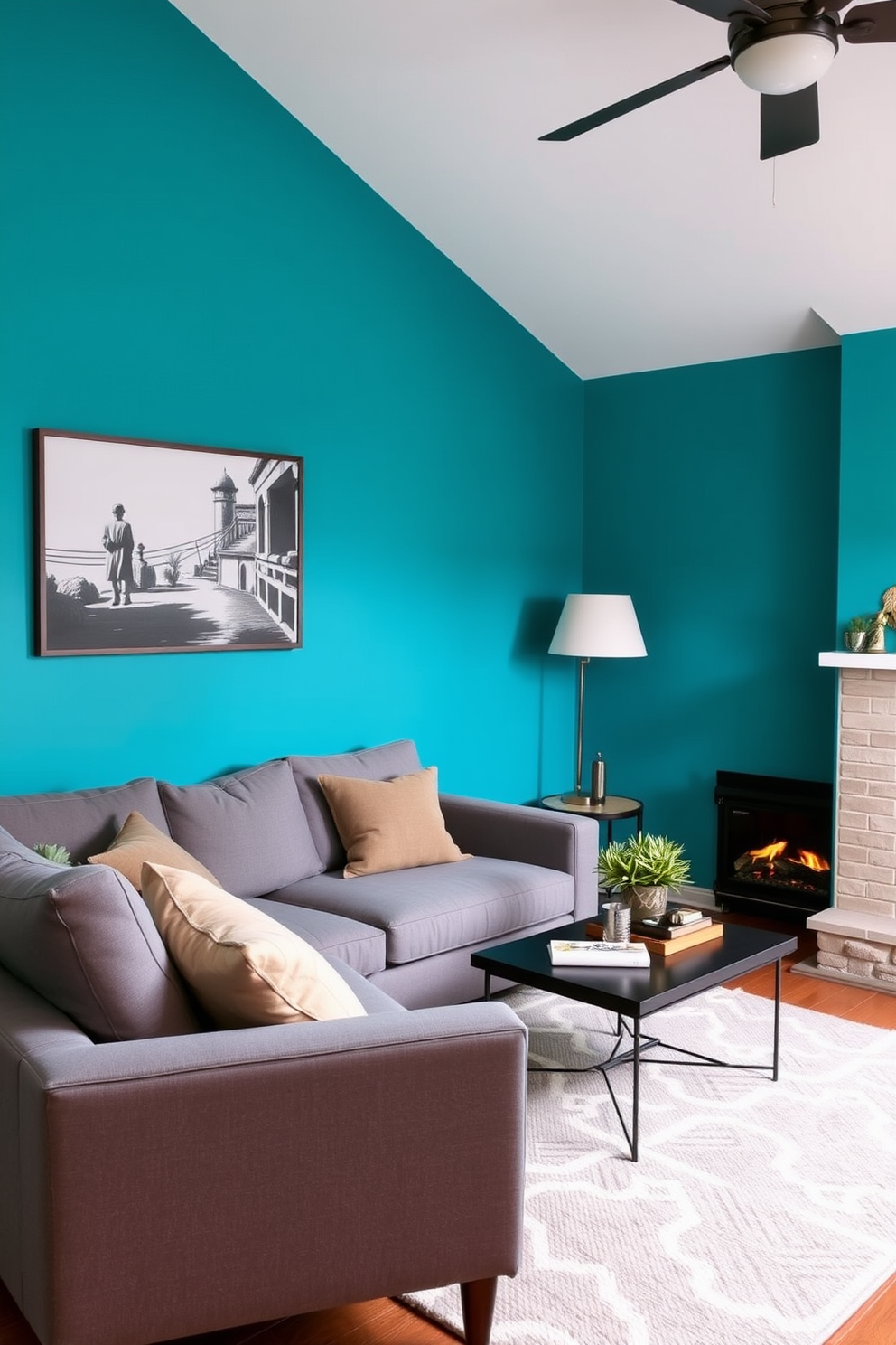 A vibrant accent wall painted in a bold teal color serves as the backdrop for a cozy small living room. In front of the wall, a plush gray sofa is positioned, complemented by a stylish coffee table and a warm fireplace that adds a touch of charm to the space.