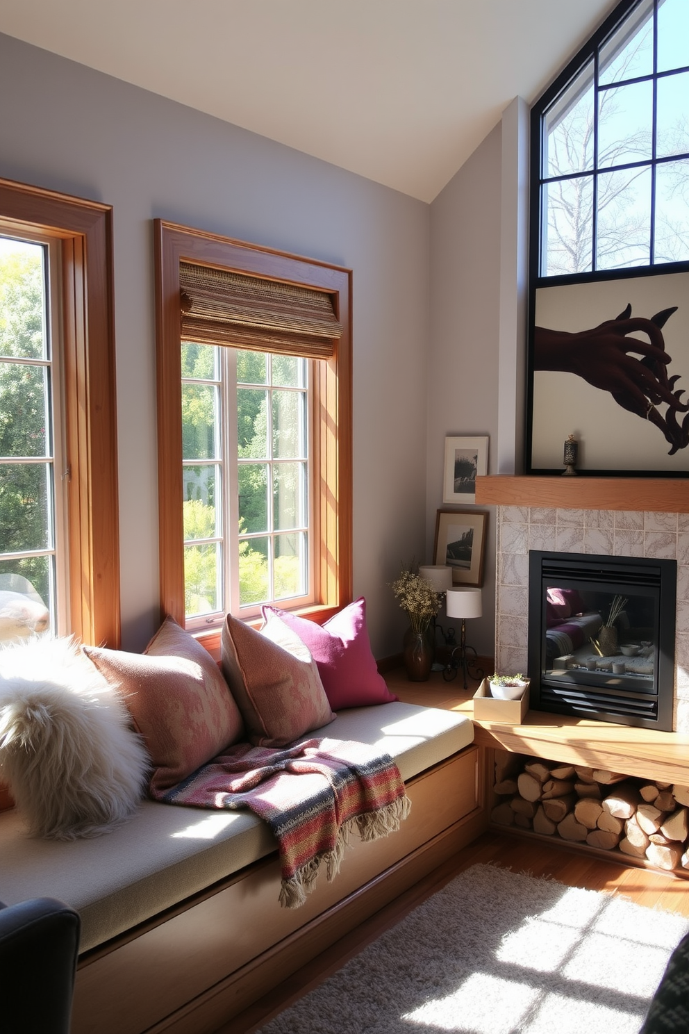 A cozy nook features a cushioned window seat adorned with plush throw pillows and a soft blanket. Sunlight streams through the large window, illuminating the small living room that includes a stylish fireplace as its focal point.