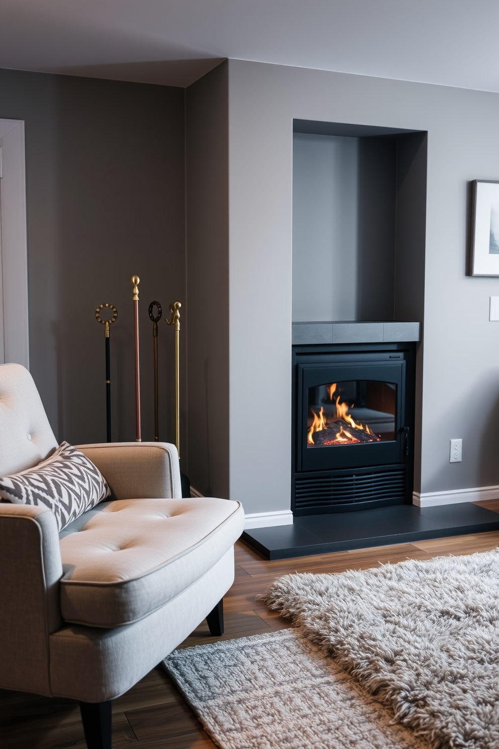 Artful fireplace tools are elegantly displayed beside a modern fireplace in a cozy small living room. The space features a plush area rug, a stylish armchair, and soft ambient lighting that creates a warm and inviting atmosphere.